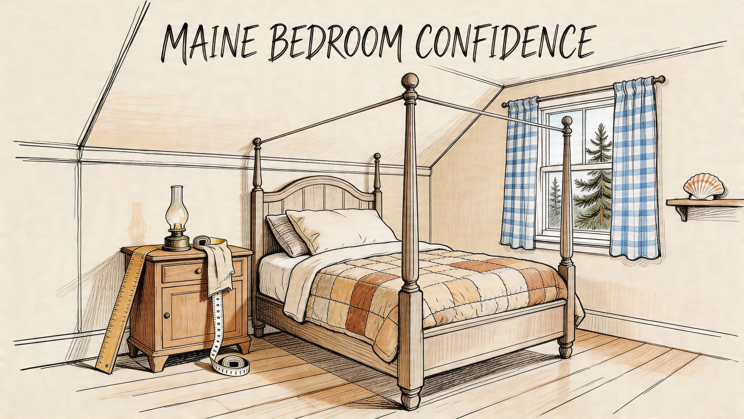 A cozy, hand-drawn illustration of a bedroom with a four-poster bed, measuring tape, and rustic decor.