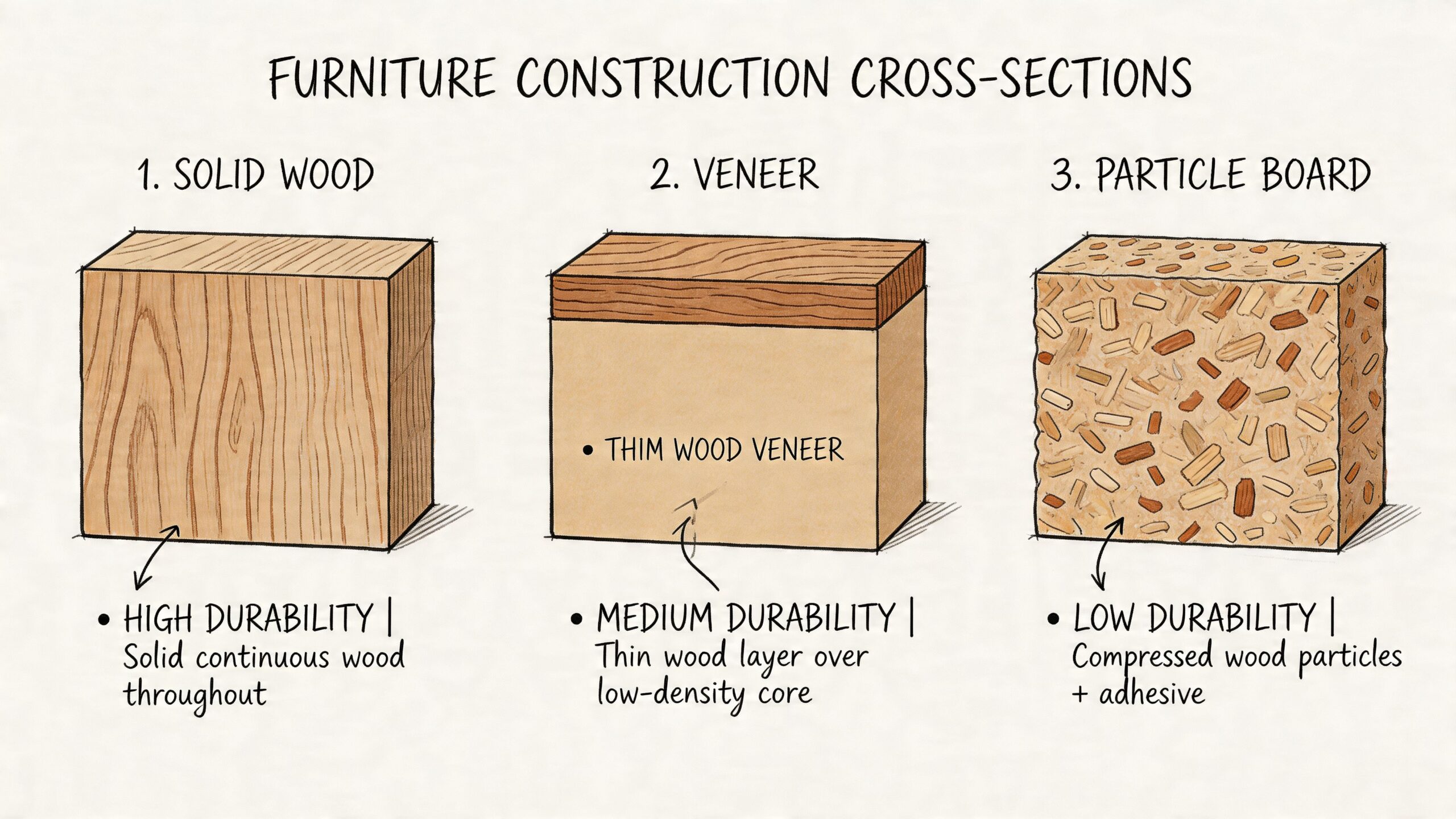 A diagram illustrating the cross-sections of solid wood, veneer, and particle board furniture construction.
