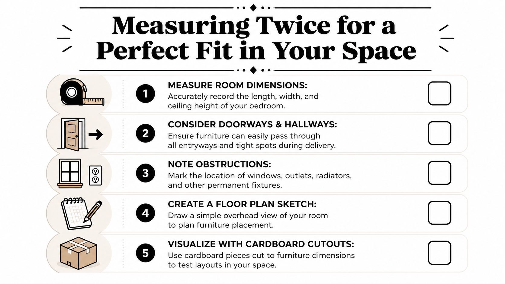 A checklist illustrating five steps for measuring a room before buying and arranging bedroom furniture.