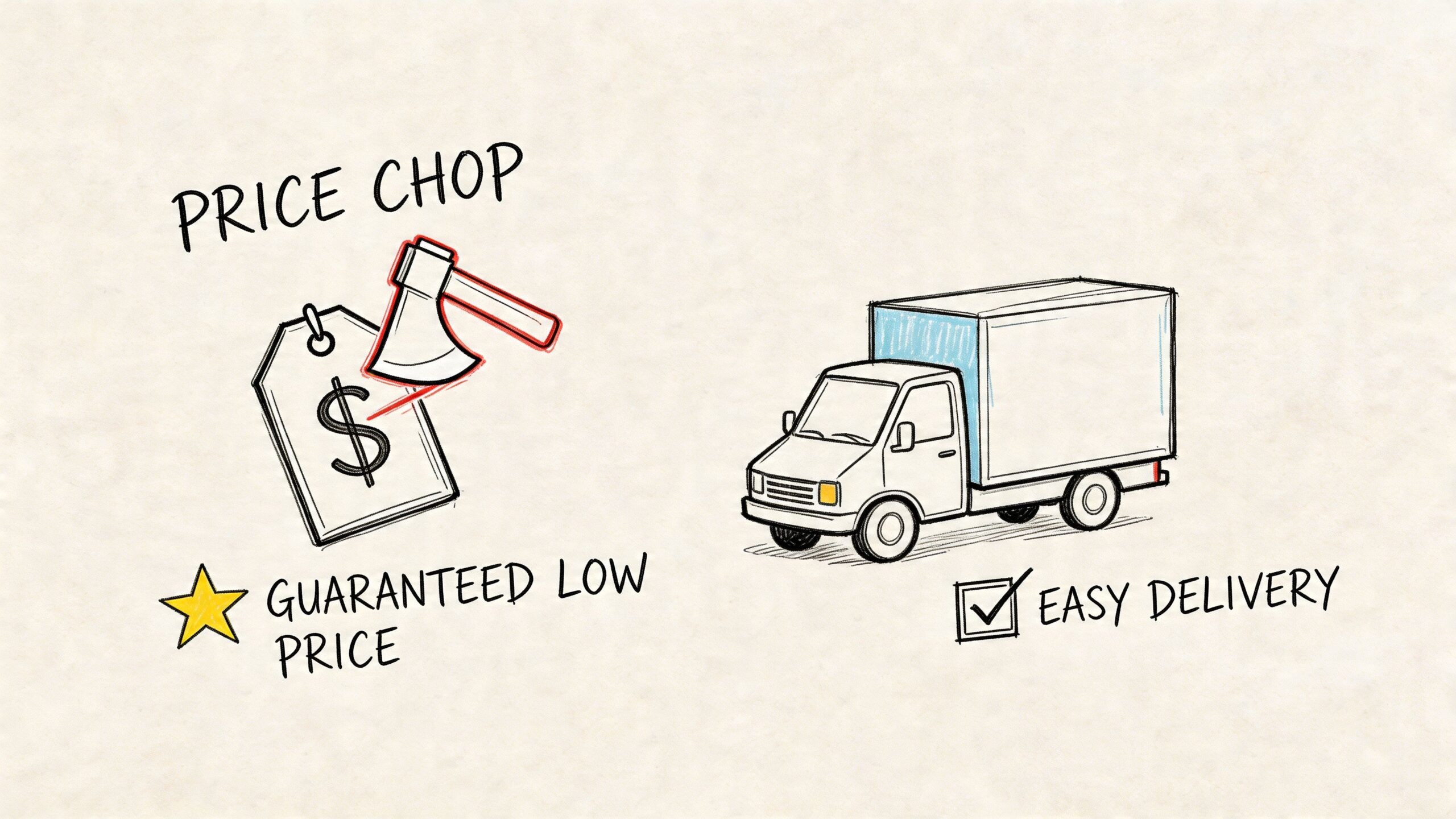 A sketched illustration featuring a price tag with an axe and a delivery truck representing affordable furniture services.
