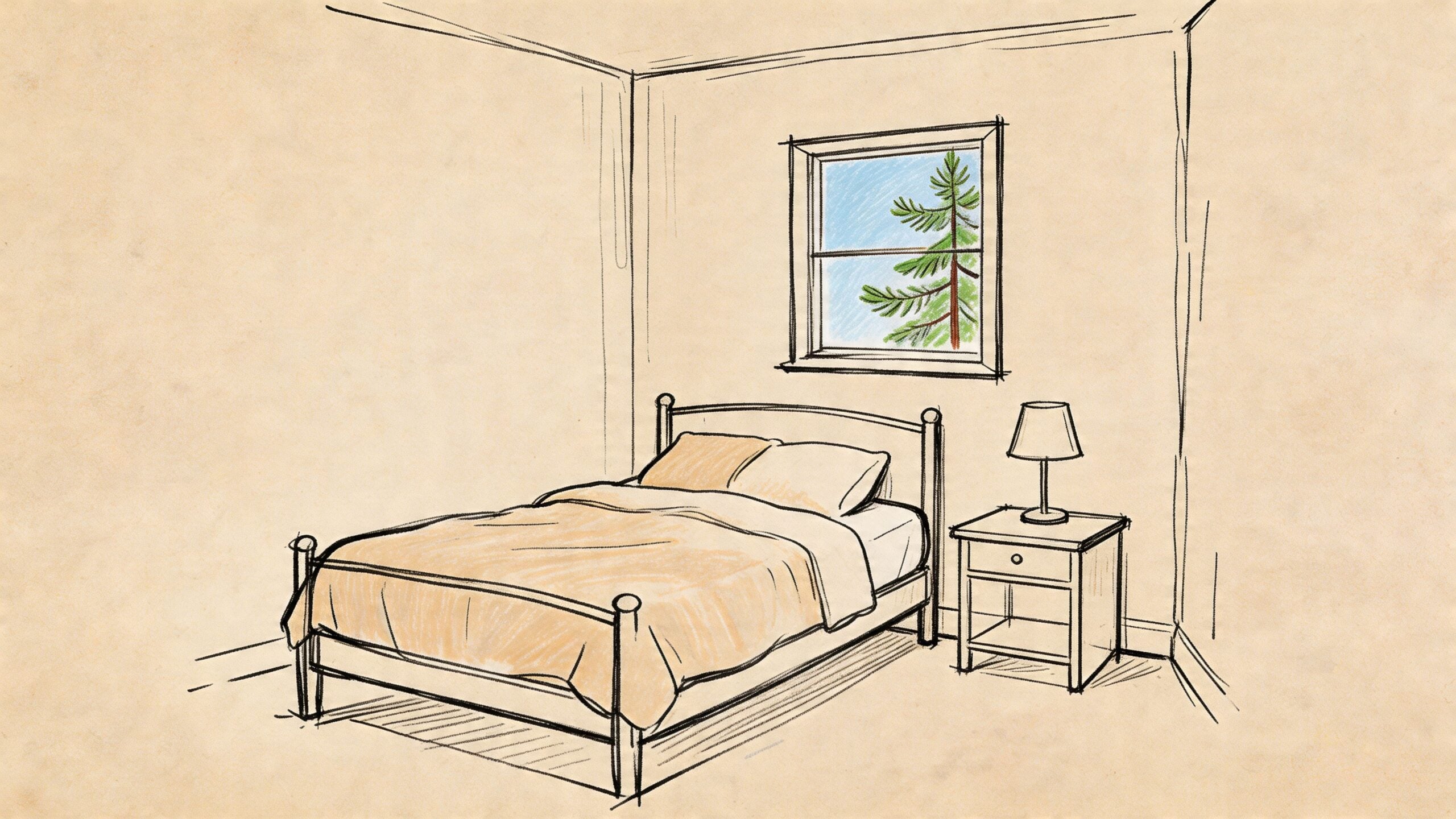 A simple sketch of a cozy bedroom interior with a single bed and a bedside lamp.