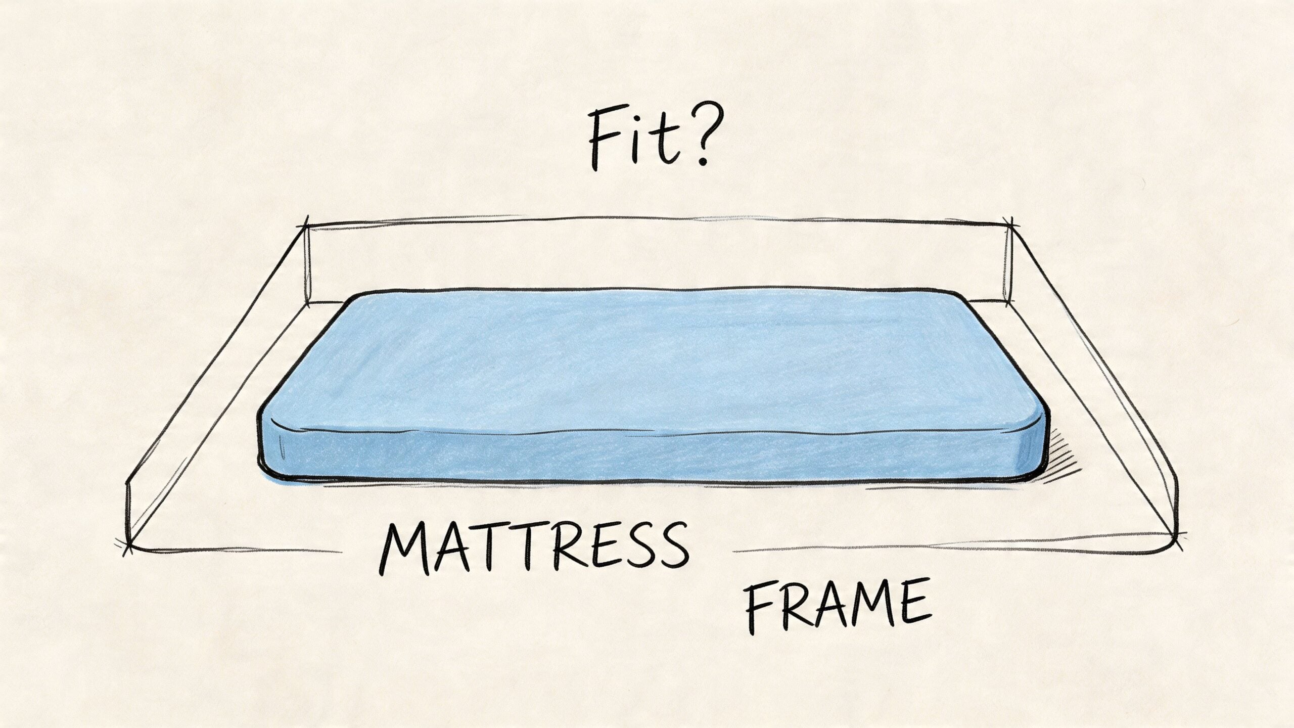 A simplified hand-drawn sketch showing a blue rectangular mattress being placed inside a bed frame.