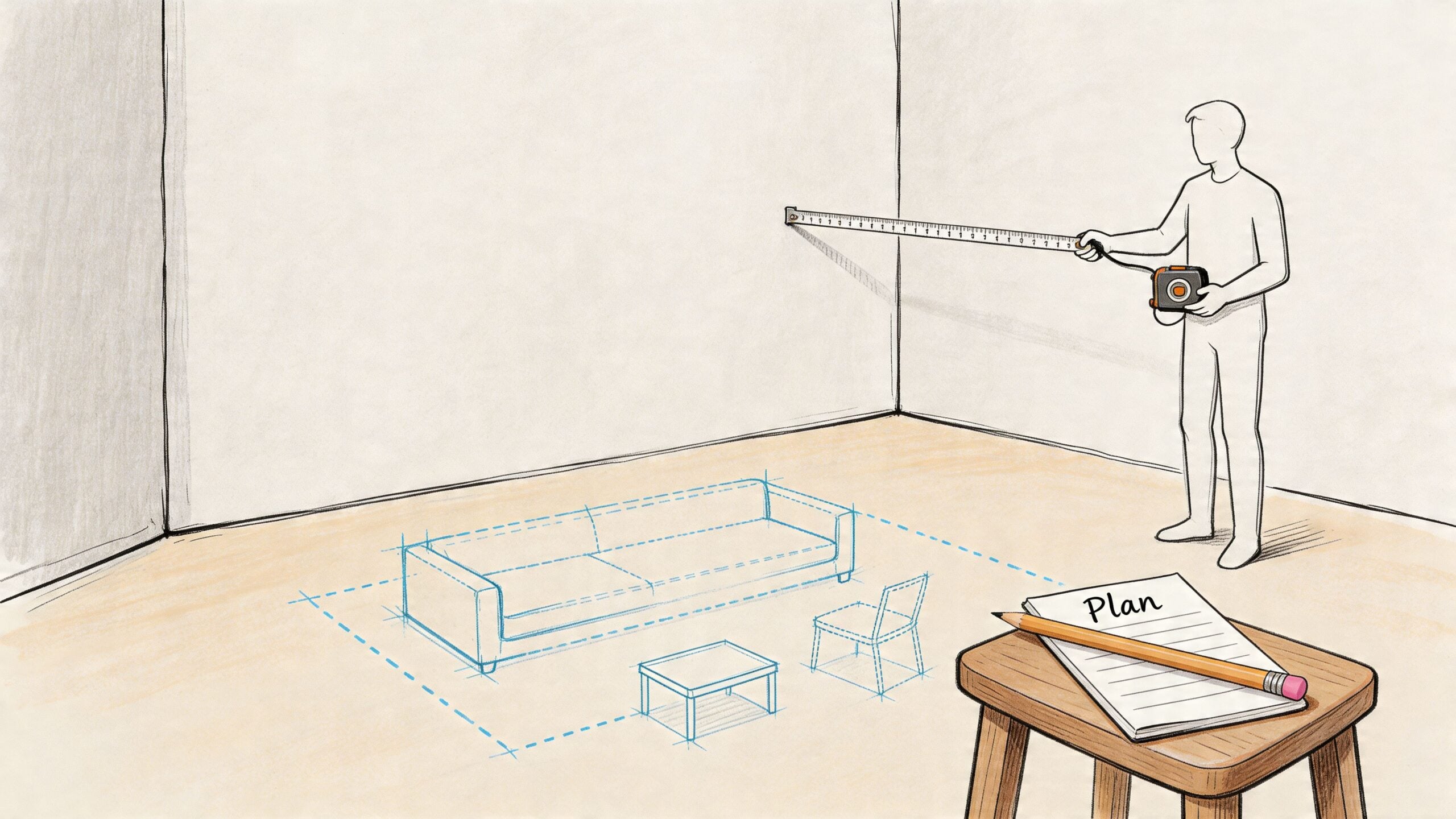 A person measuring a room to plan the layout for furniture like a sofa and table.