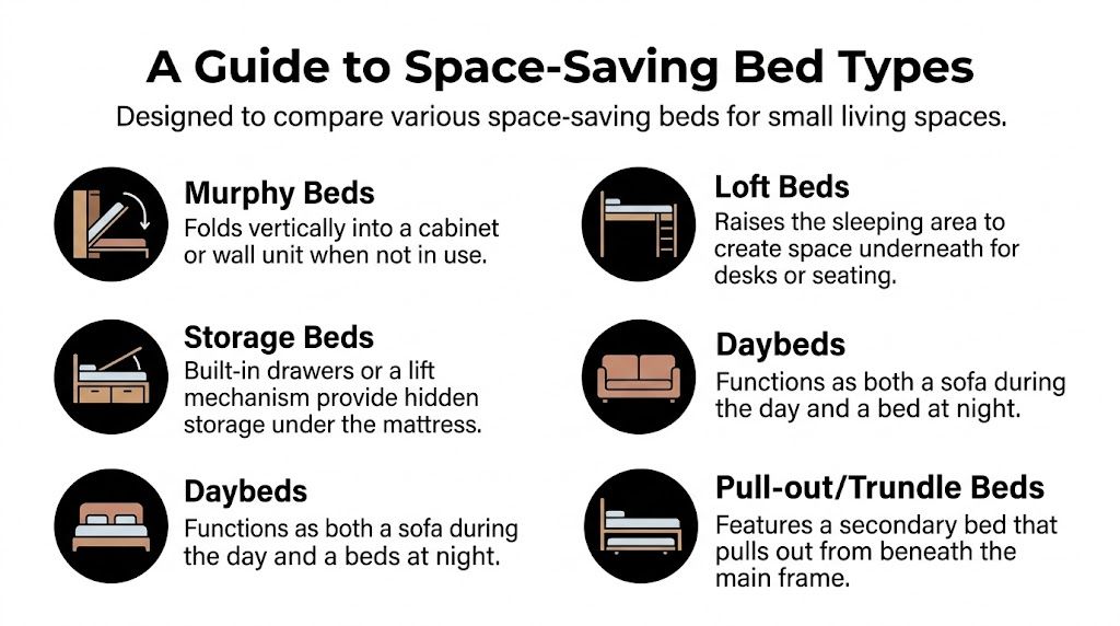 A helpful infographic guide illustrating various types of space-saving beds ideal for compact living environments.
