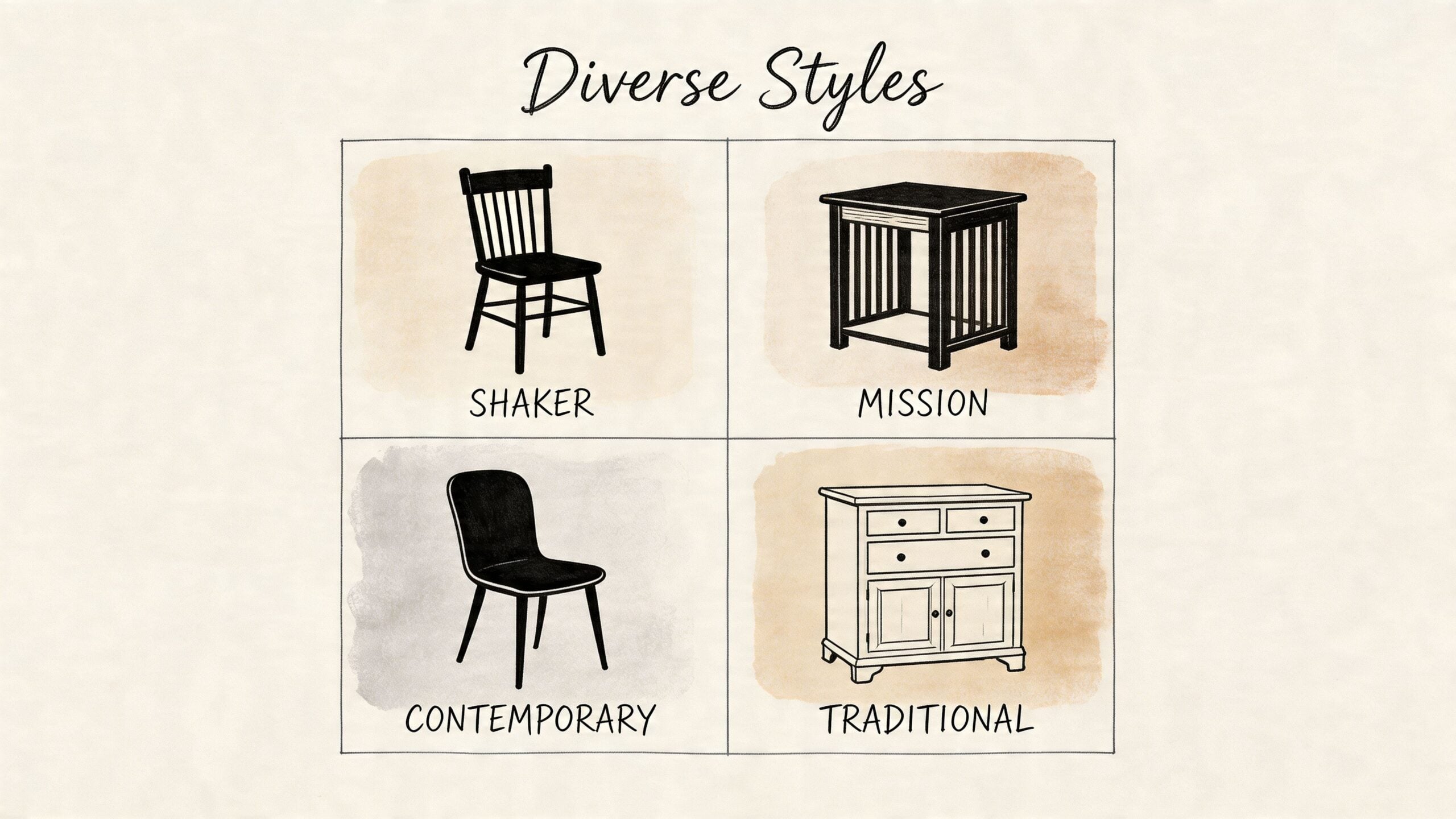 A visual guide displaying different interior design styles including Shaker, Mission, Contemporary, and Traditional furniture pieces.