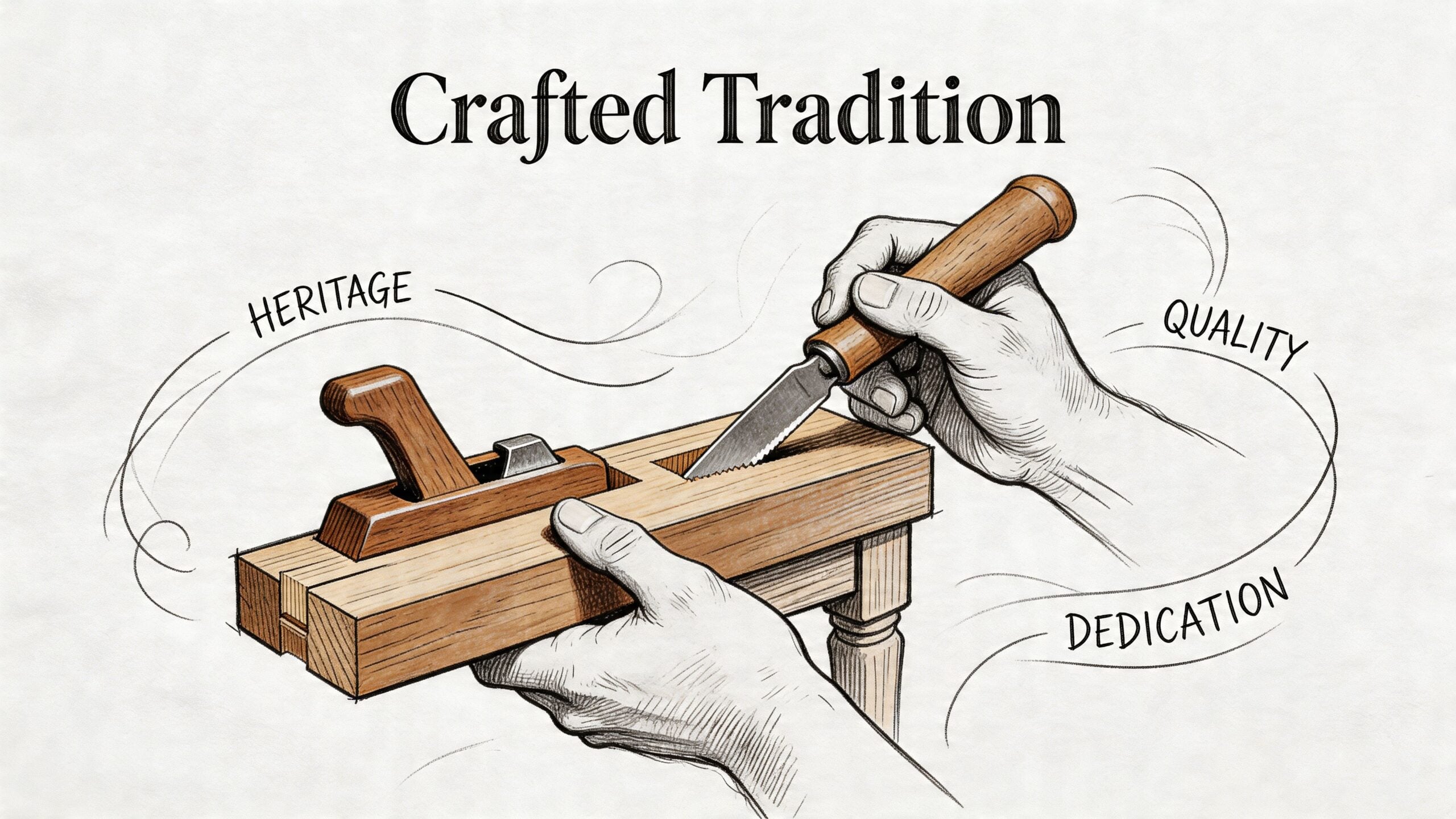 A detailed illustration of a person's hands carving wood with a hand plane and woodworking tool.