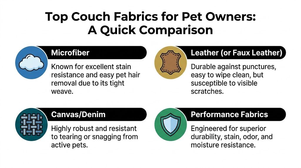 A comparison chart outlining top couch fabric choices for households with pets, detailing benefits for each material.
