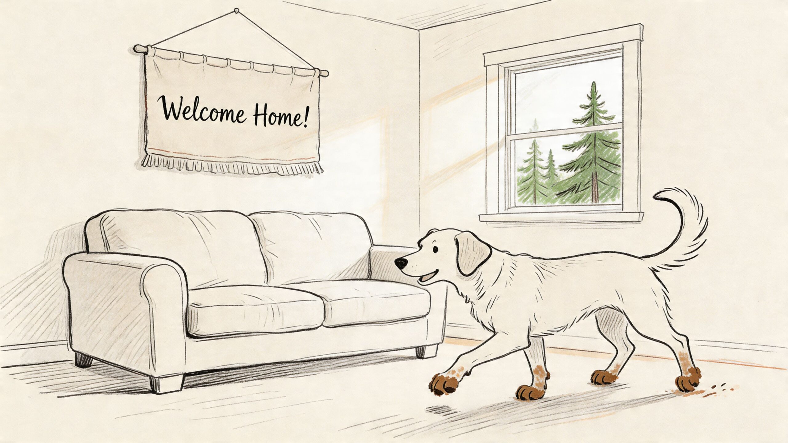 A happy dog with muddy paws walks into a room with a Welcome Home wall hanging.