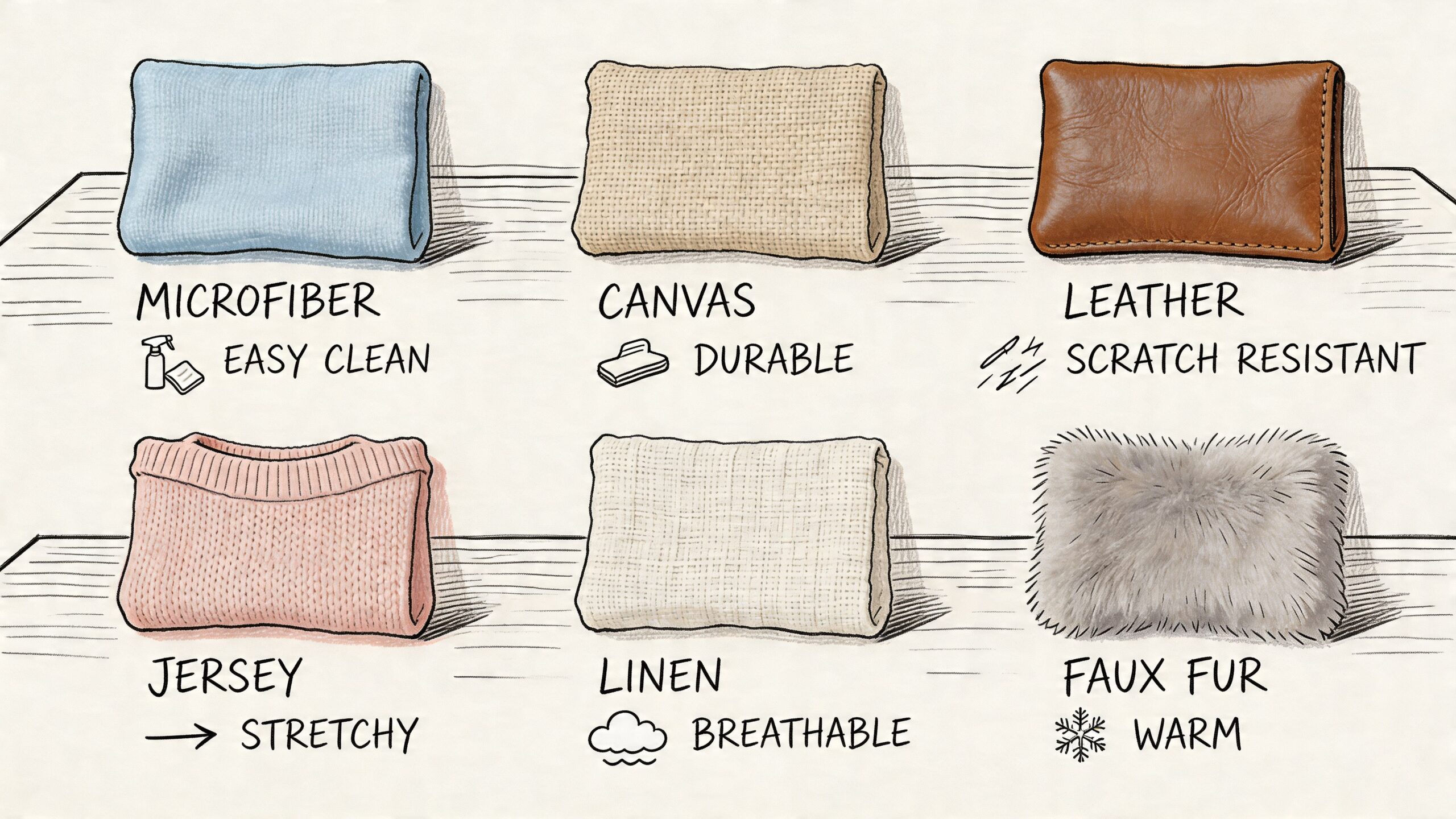A visual guide displaying six fabric types for furniture with key characteristics like durable, breathable, and warm.