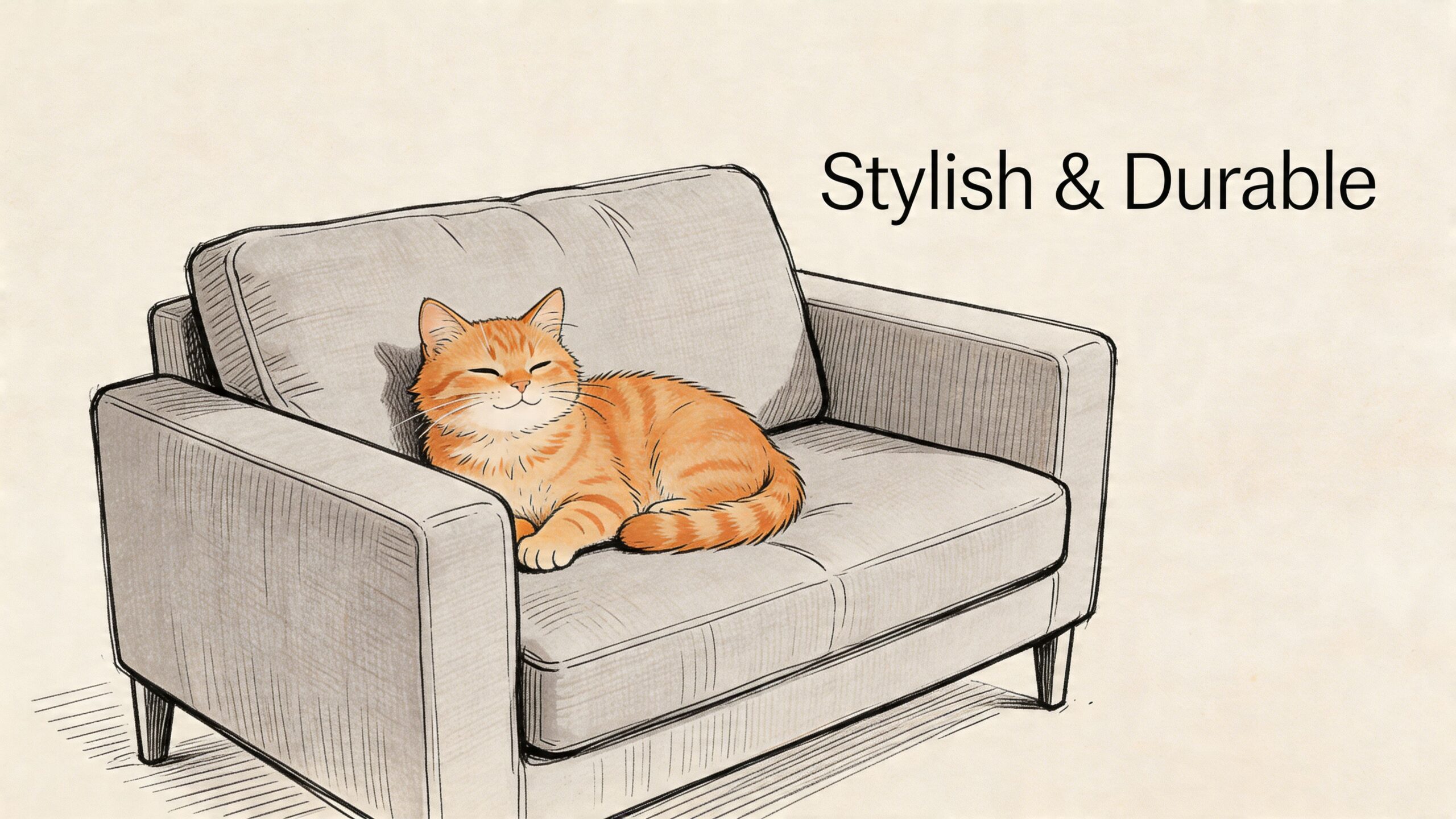 A happy orange tabby cat sleeping peacefully on a comfortable, stylish, and durable gray sofa.