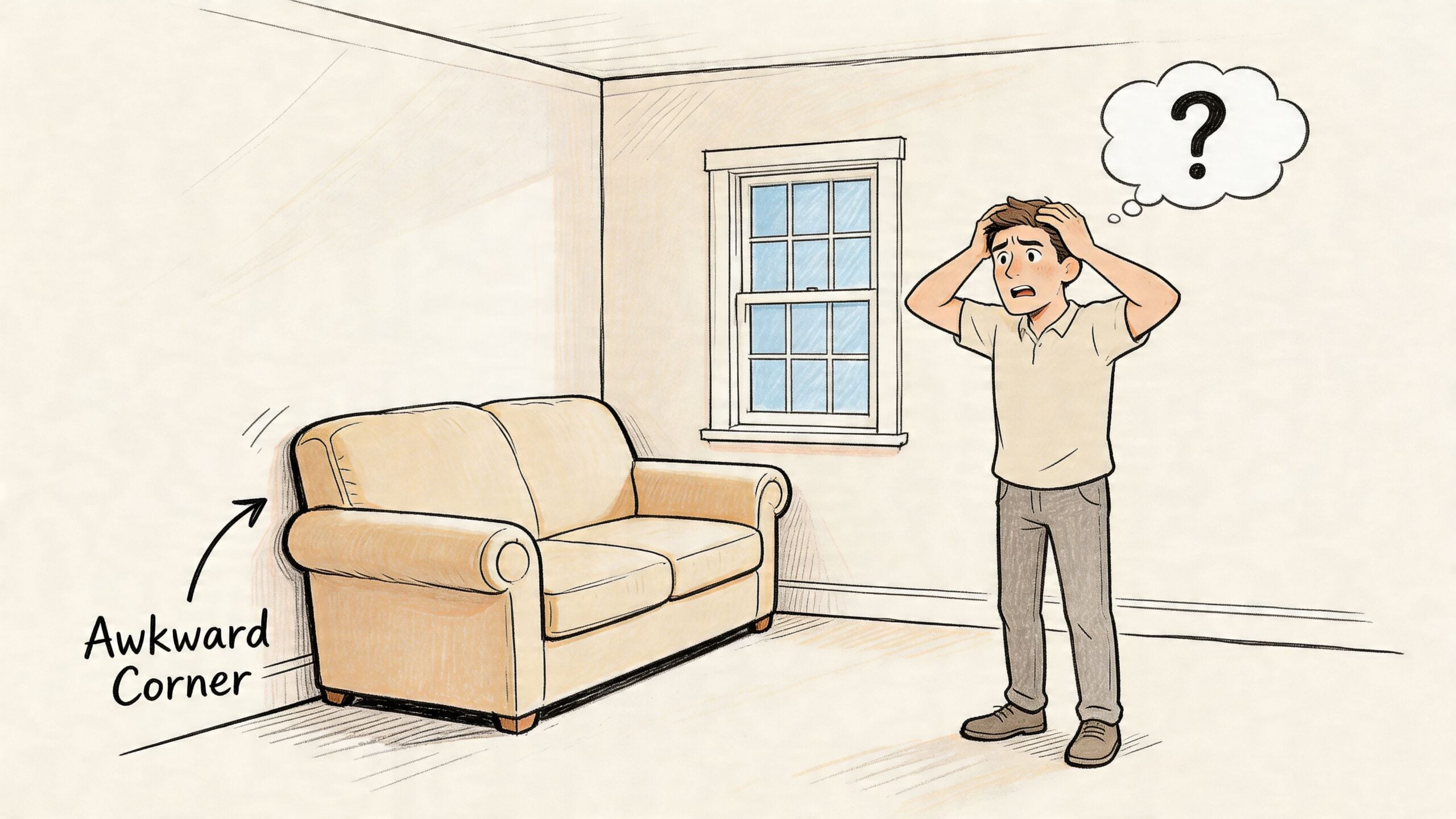 A man in a living room looking confused at a sofa placed in an awkward corner.