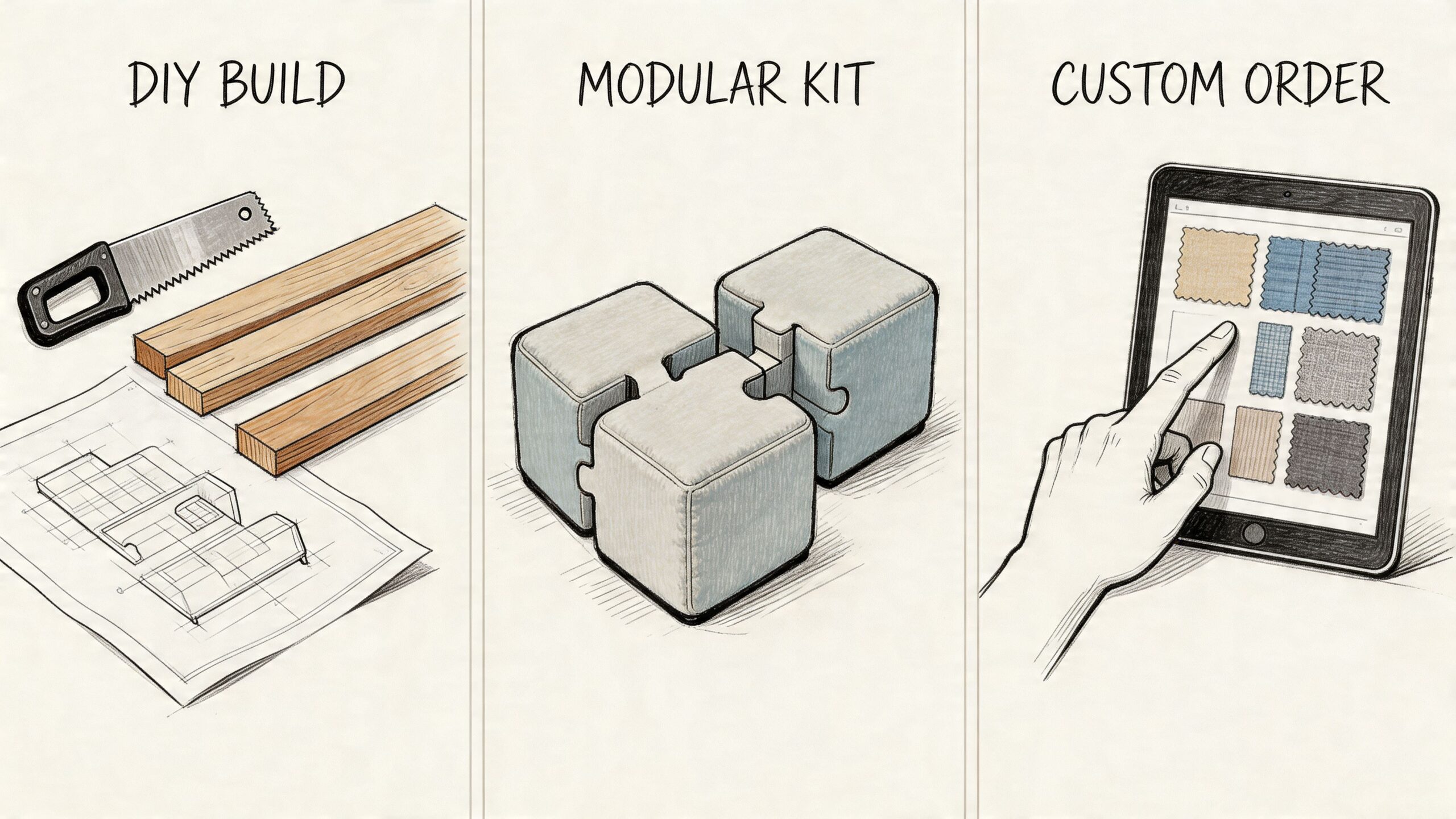 An illustration showing three ways to create a couch: DIY build, modular kit, and custom order.