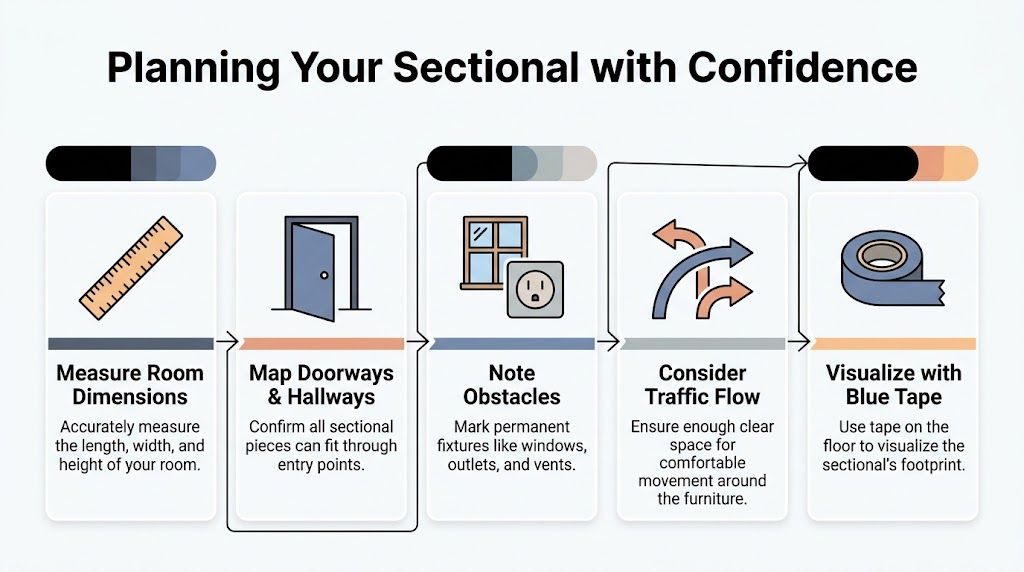 An infographic illustrating five essential steps for planning a sectional couch placement in a room.