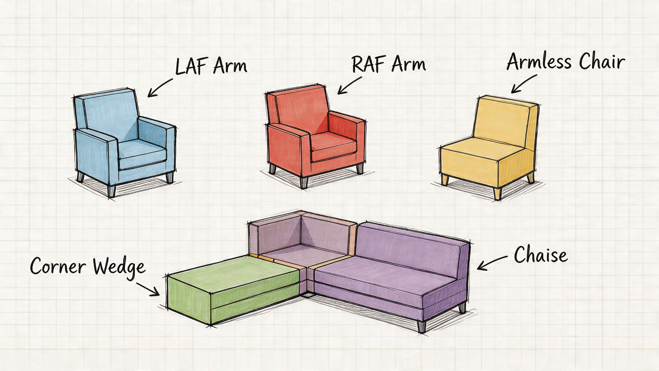 A hand-drawn illustration showing different modular sofa components including chairs and corner pieces for a sectional.