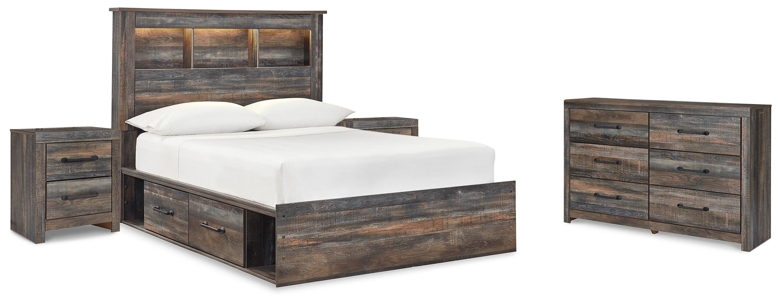 Drystan Full Bookcase Bed with 2 sided Storage, Dresser and Nightstand