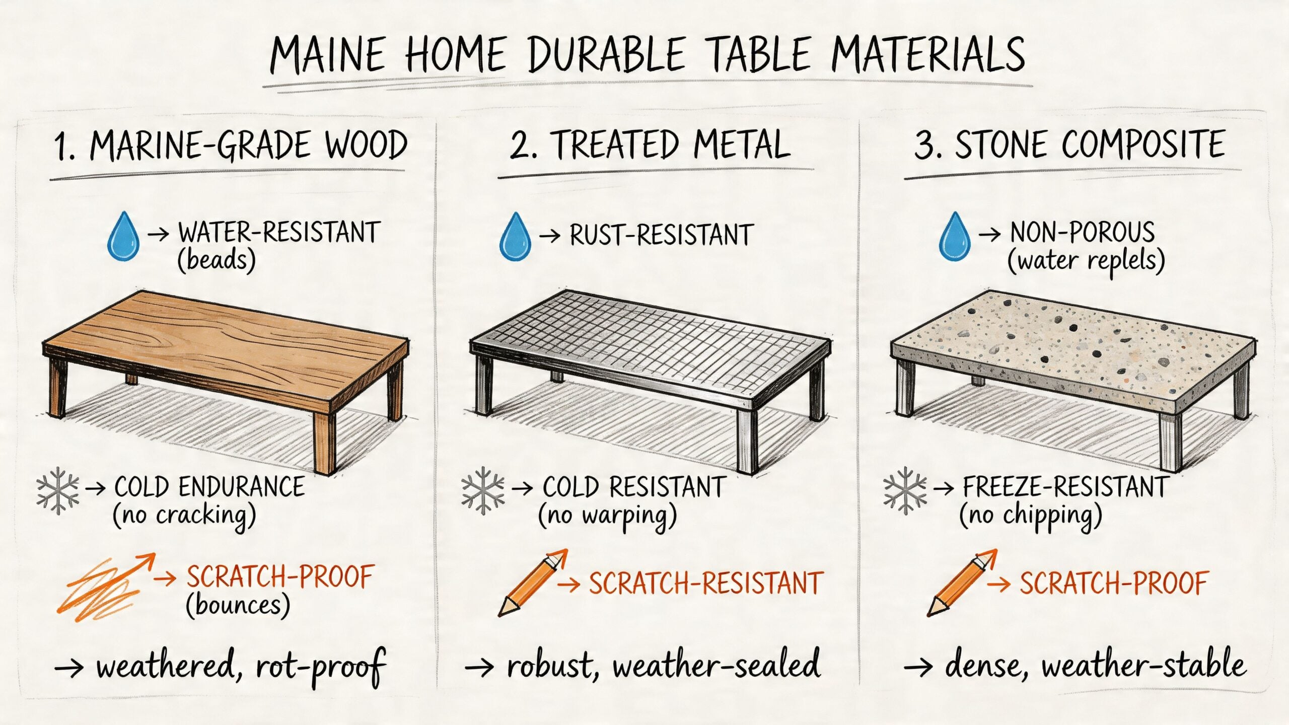 An infographic showing three durable table materials for Maine homes including marine-grade wood, treated metal, and stone composite.