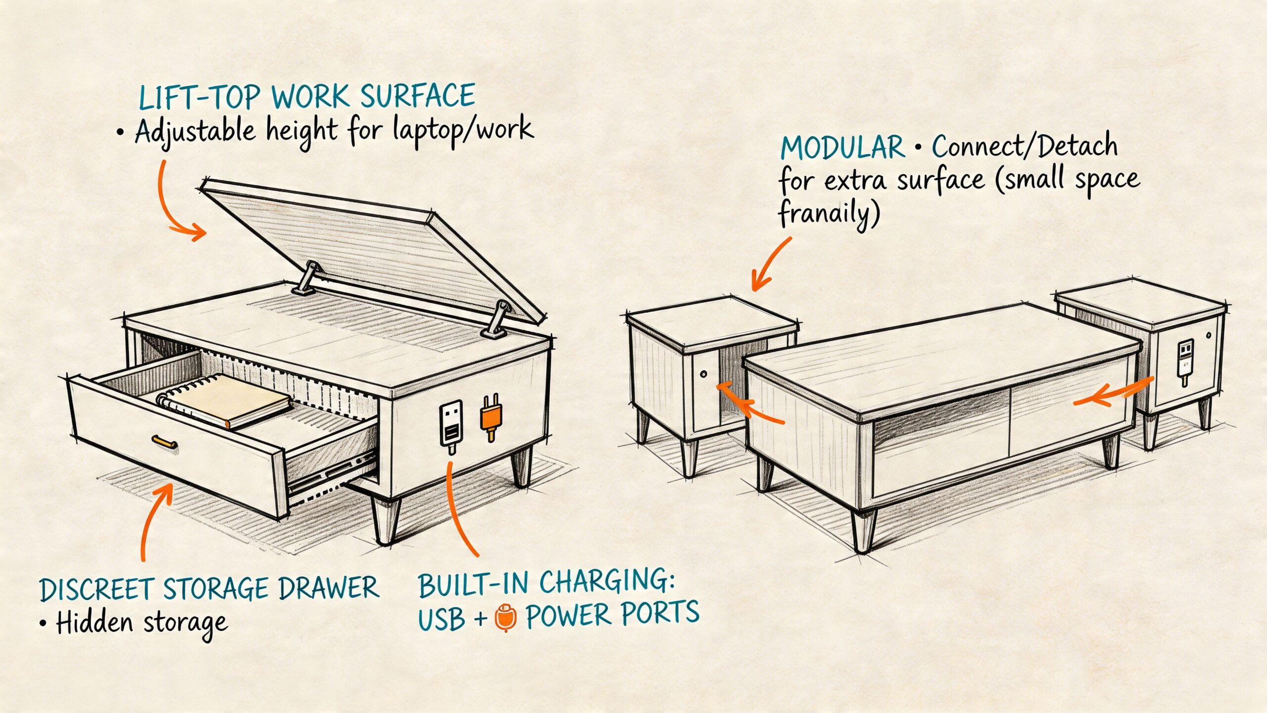 A conceptual sketch illustrating a versatile coffee table with a lift-top, storage drawer, and modular side tables.