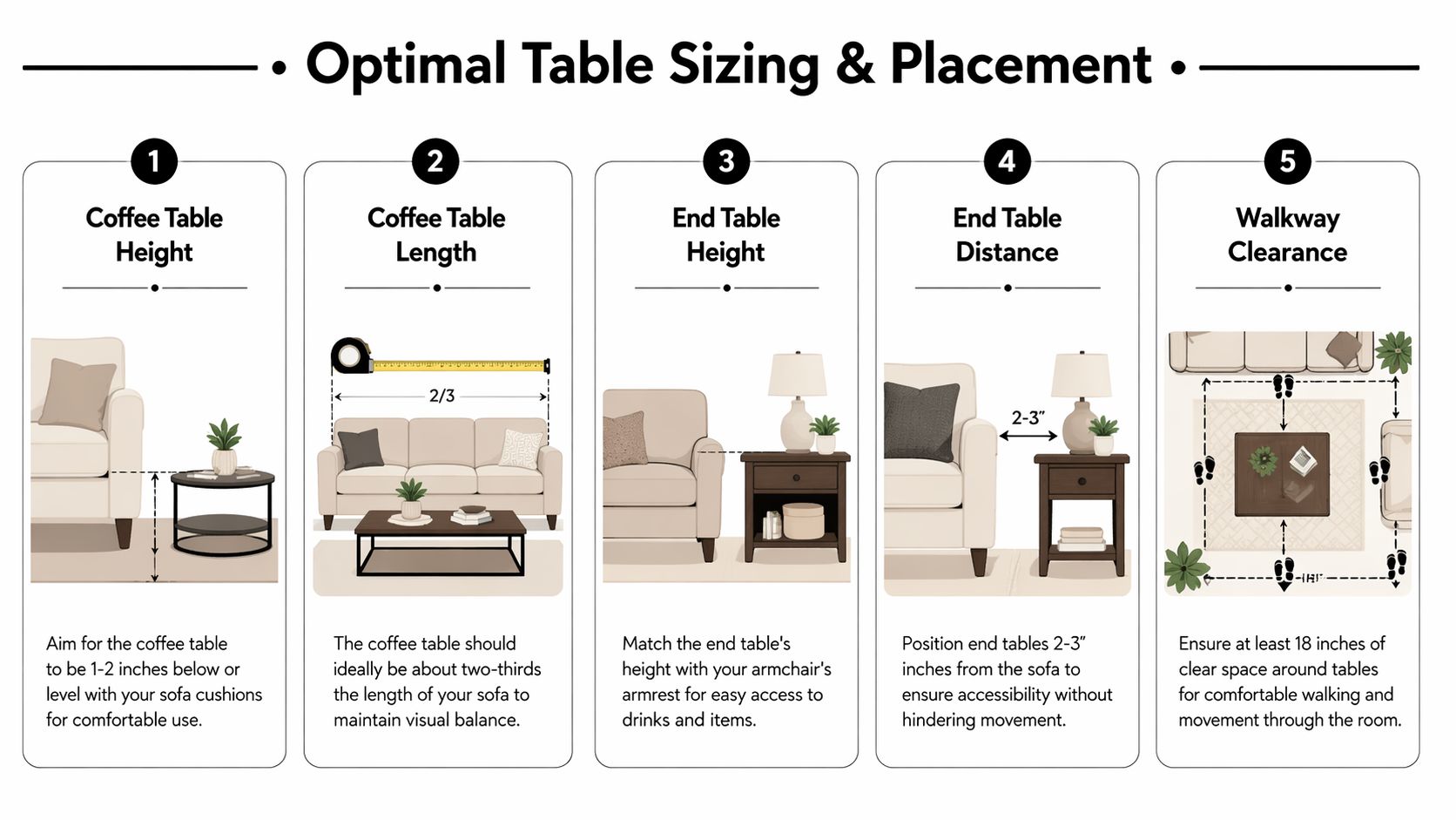 An infographic illustrating optimal sizing and placement guidelines for coffee tables and end tables in living rooms.