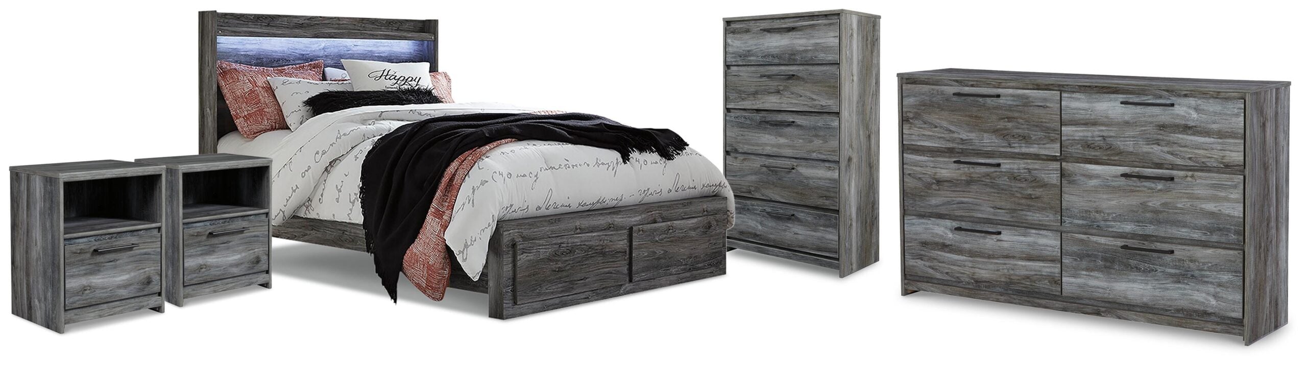 Baystorm King Panel Storage Bed, Dresser, Chest and 2 Nightstands