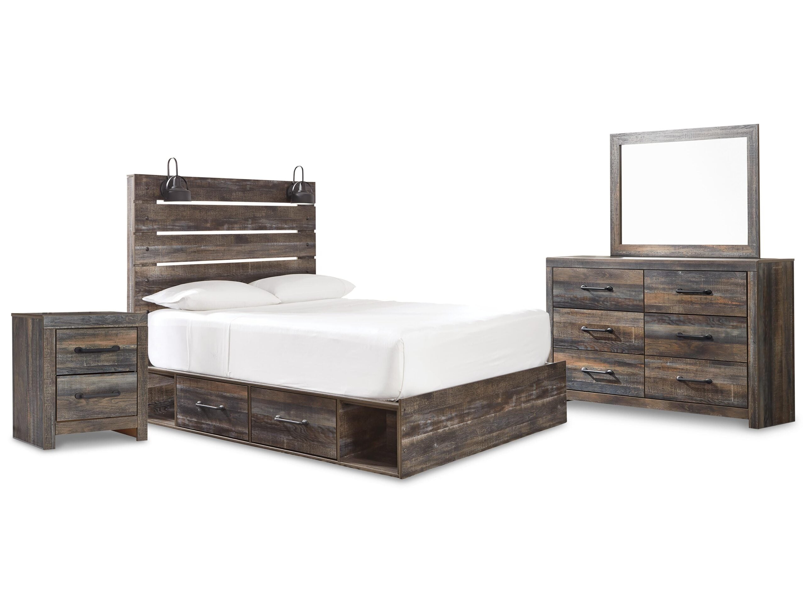 Drystan Queen Panel Bed with Mirrored Dresser and Nightstand