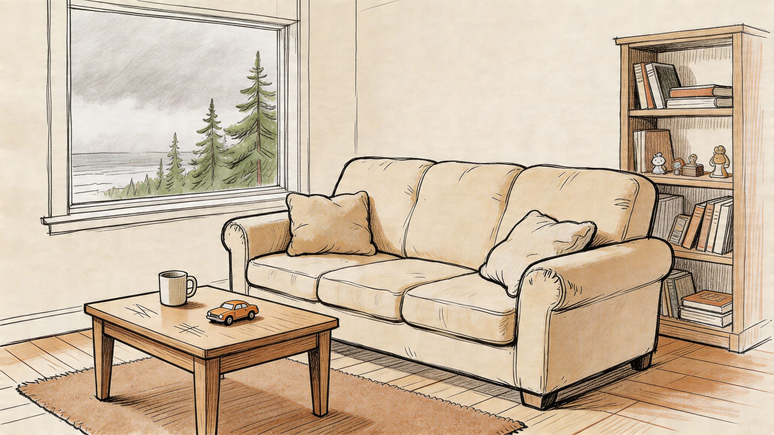 A cozy living room featuring a comfortable sofa, coffee table, and a bookshelf near a scenic window.