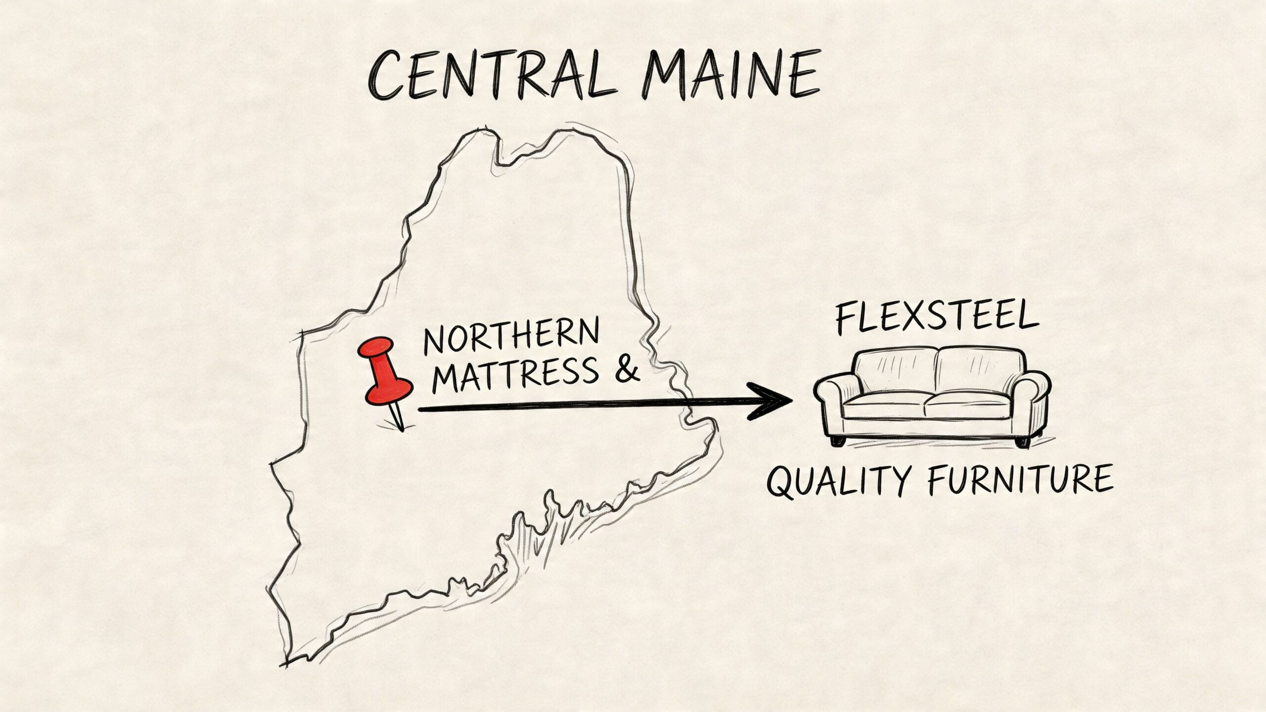 A hand-drawn map of Central Maine with a pin labeling Northern Mattress and Flexsteel quality furniture.