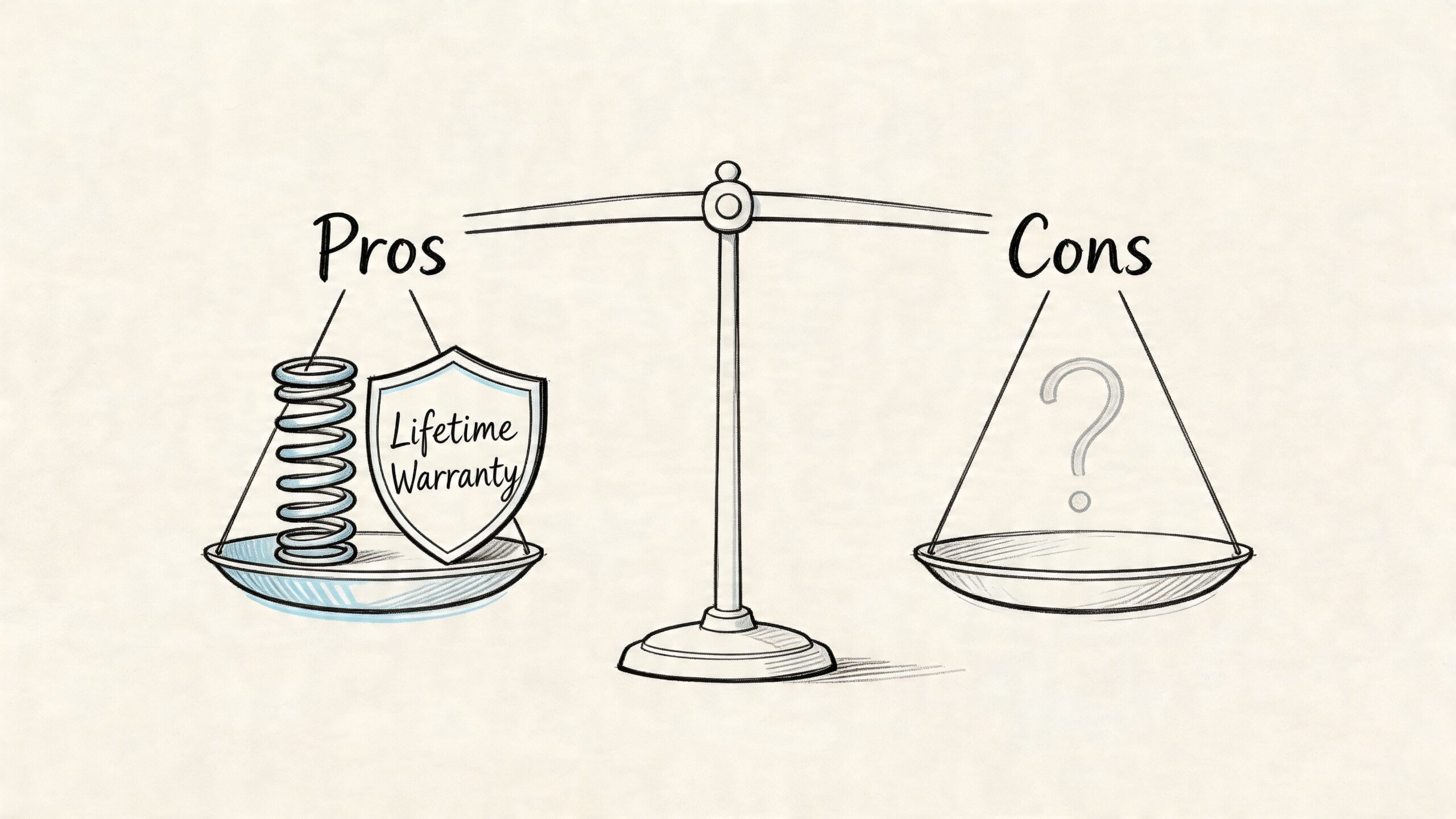 A hand-drawn balance scale weighing the pros and cons of furniture, featuring a lifetime warranty.