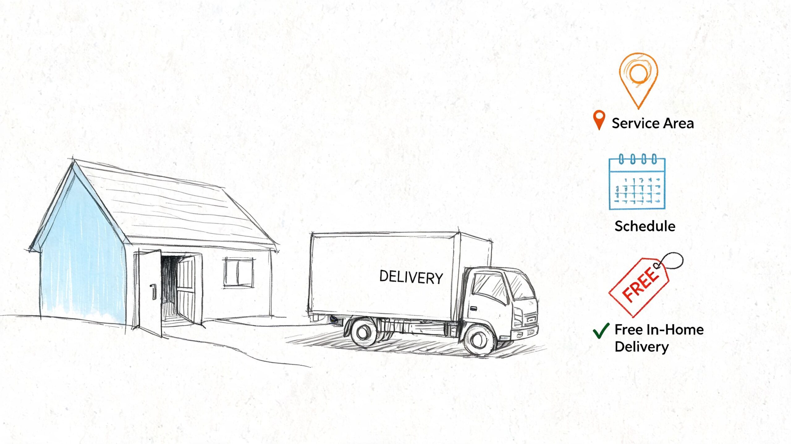 A line drawing illustration showing a delivery truck parked in front of a house, featuring service icons.
