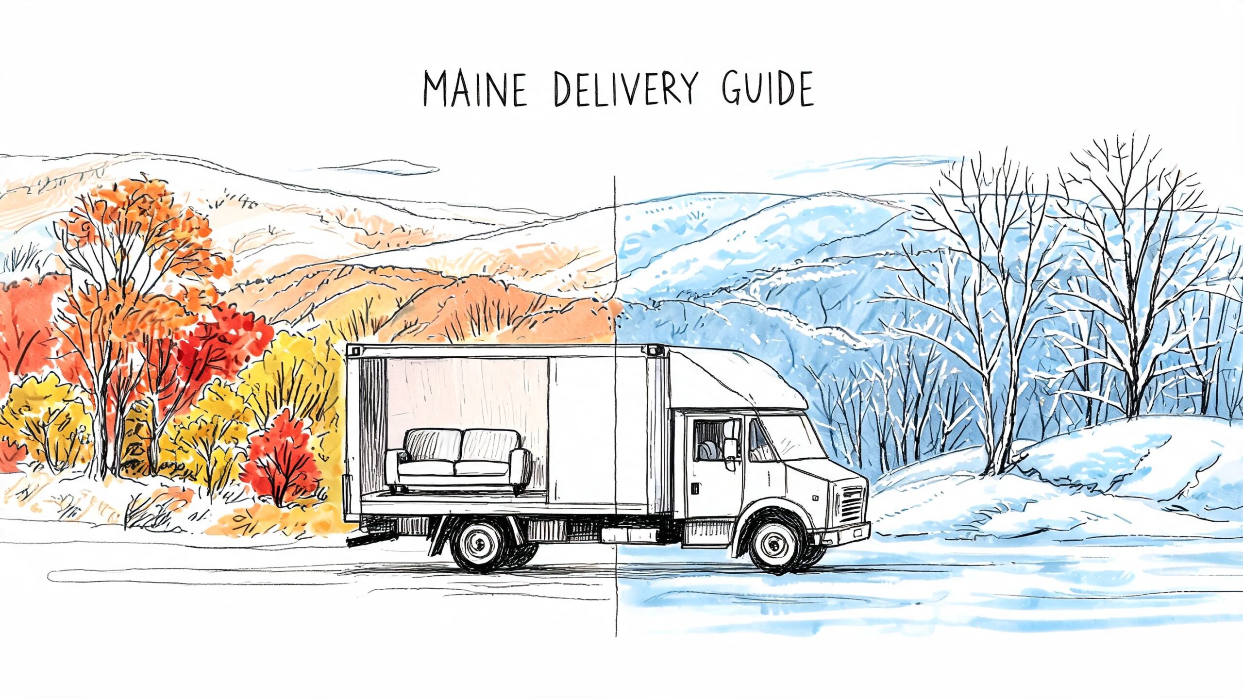 A delivery truck carrying a sofa travels through a landscape transitioning from autumn colors to winter snow.