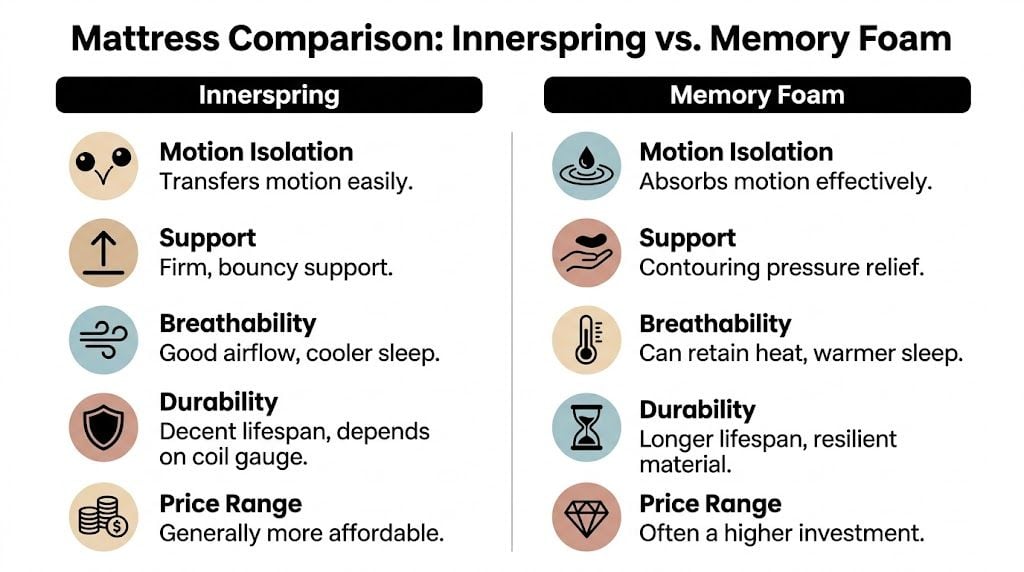 A comparison chart outlining key differences between innerspring and memory foam mattresses across five major categories.