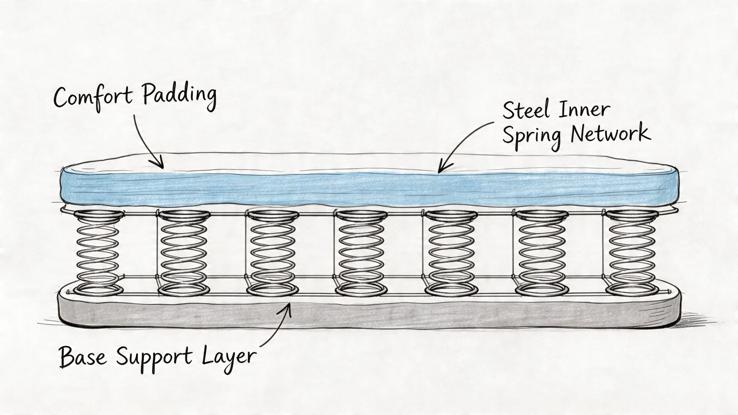 A diagram illustrating the internal components of an innerspring mattress including padding, coils, and base layer.