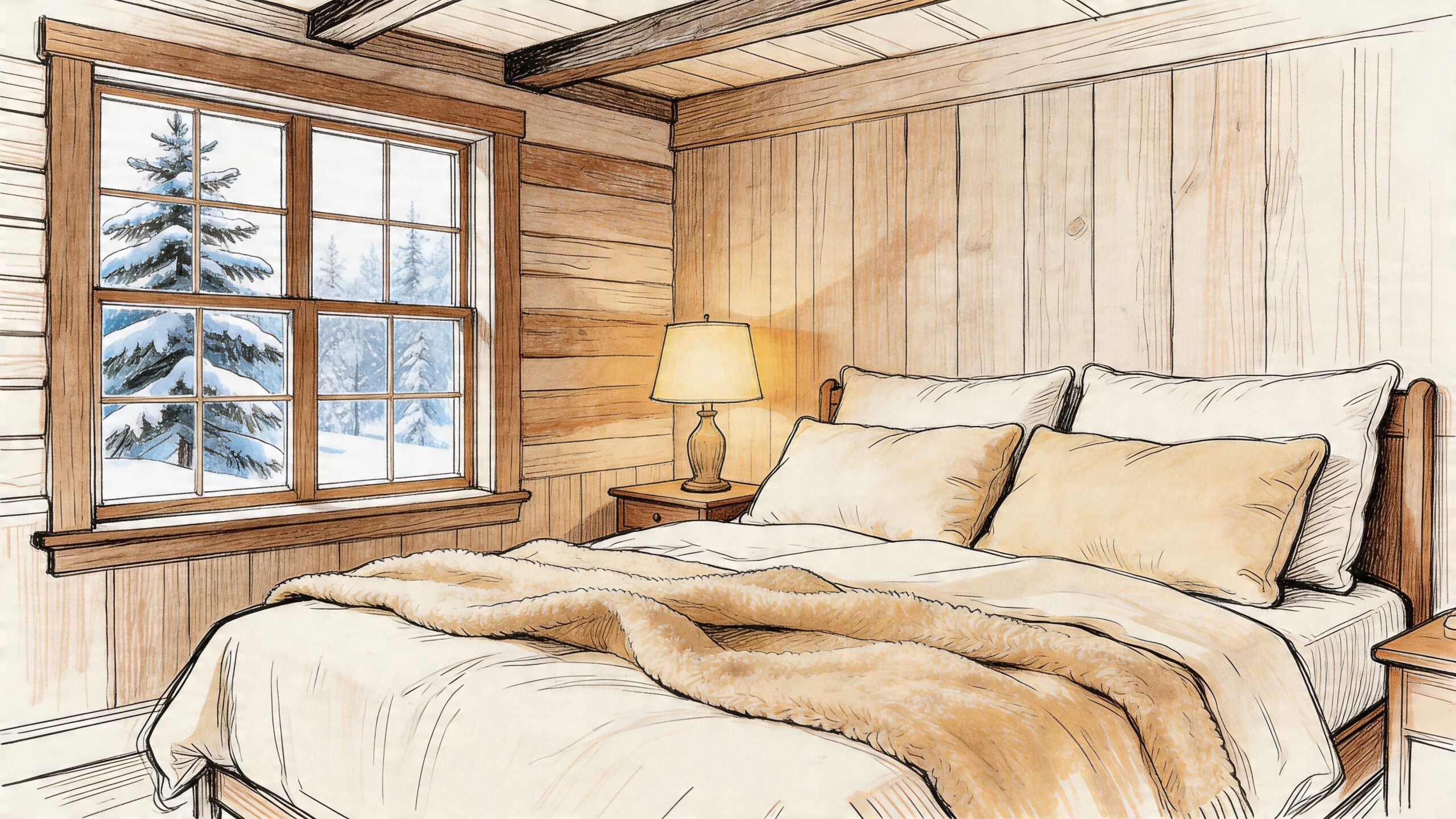 A cozy rustic bedroom with a wooden bed, fluffy blanket, and a view of snowy pine trees.