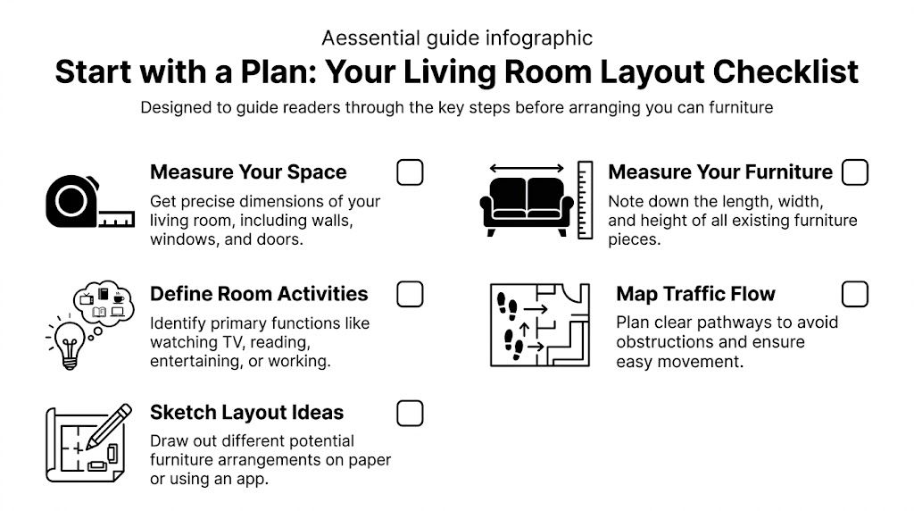 A checklist infographic titled Start with a Plan featuring steps for organizing living room furniture layouts.