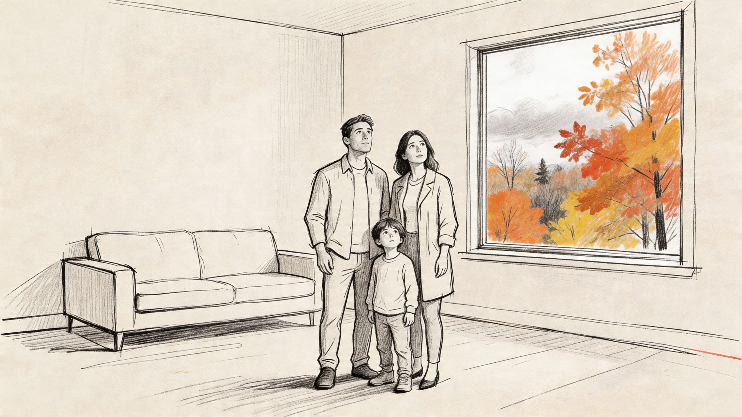A family of three standing in a minimalist living room looking out a large window at autumn foliage.