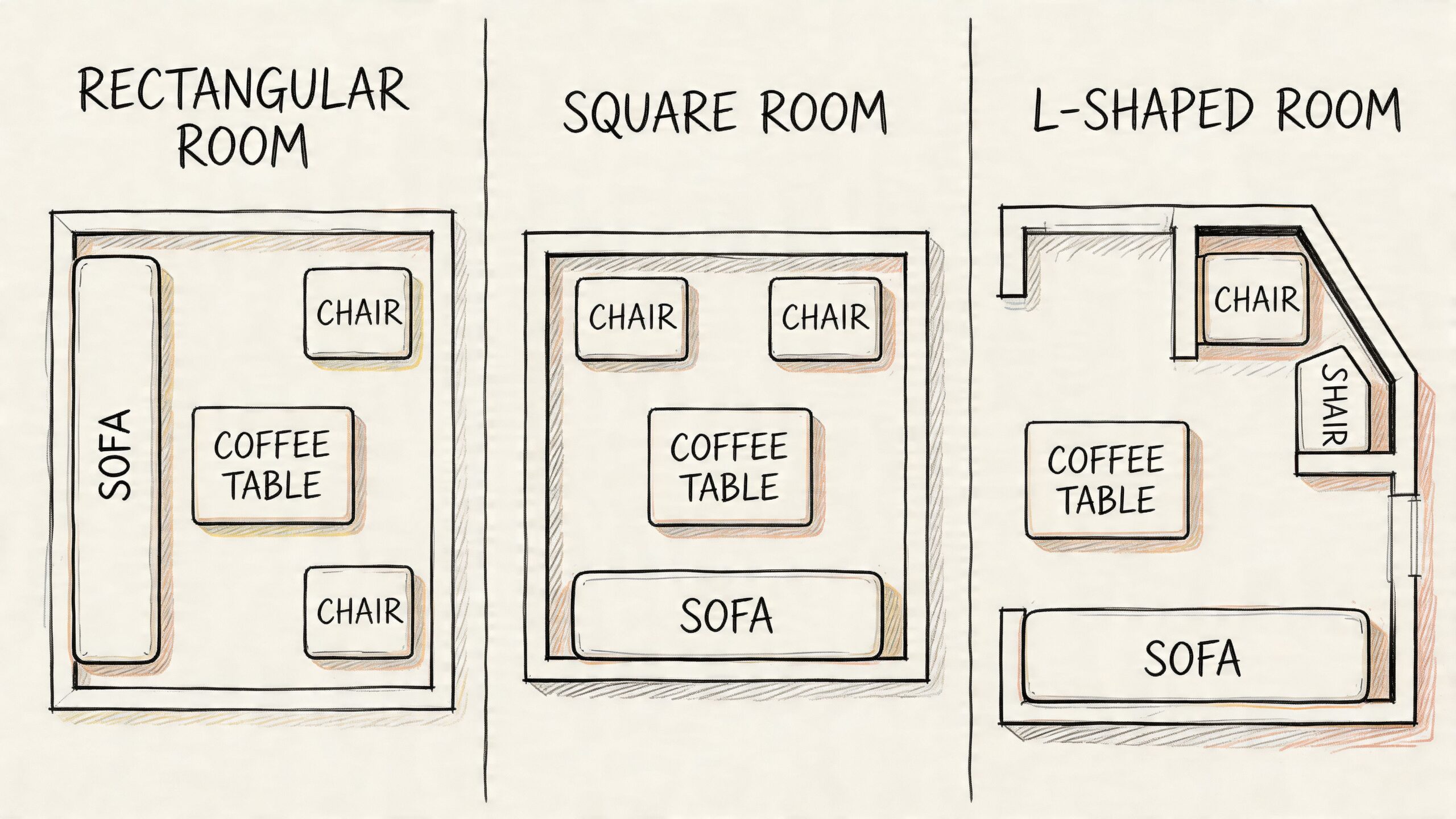 A hand-drawn illustration showing furniture arrangement ideas for rectangular, square, and L-shaped living rooms.