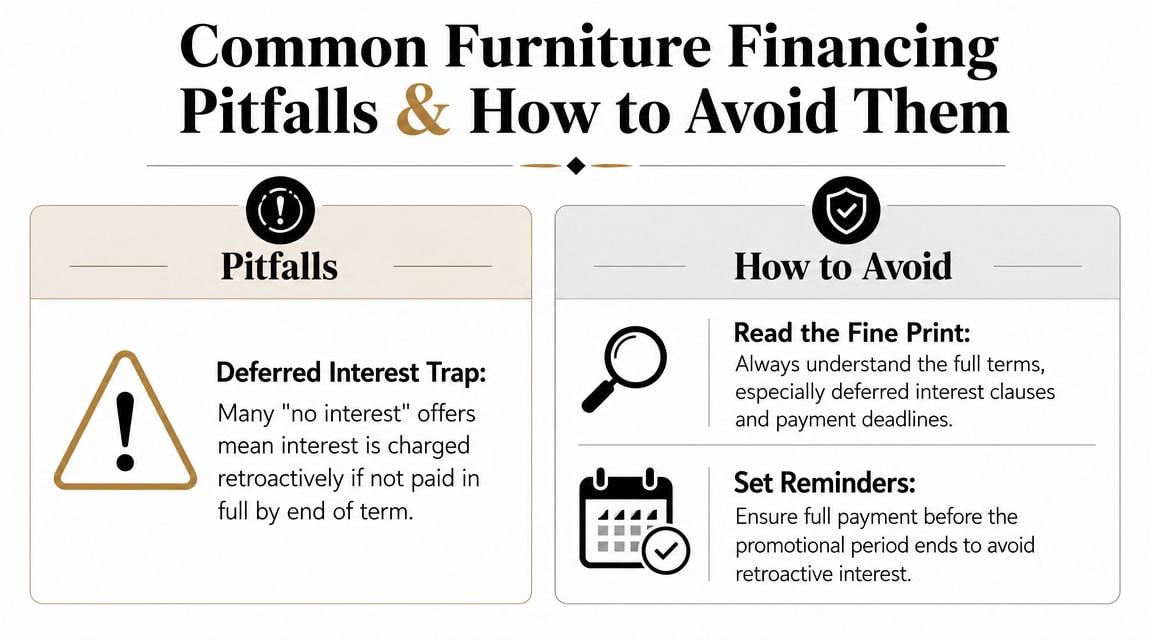 An infographic showing common furniture financing pitfalls like deferred interest and ways to avoid them.