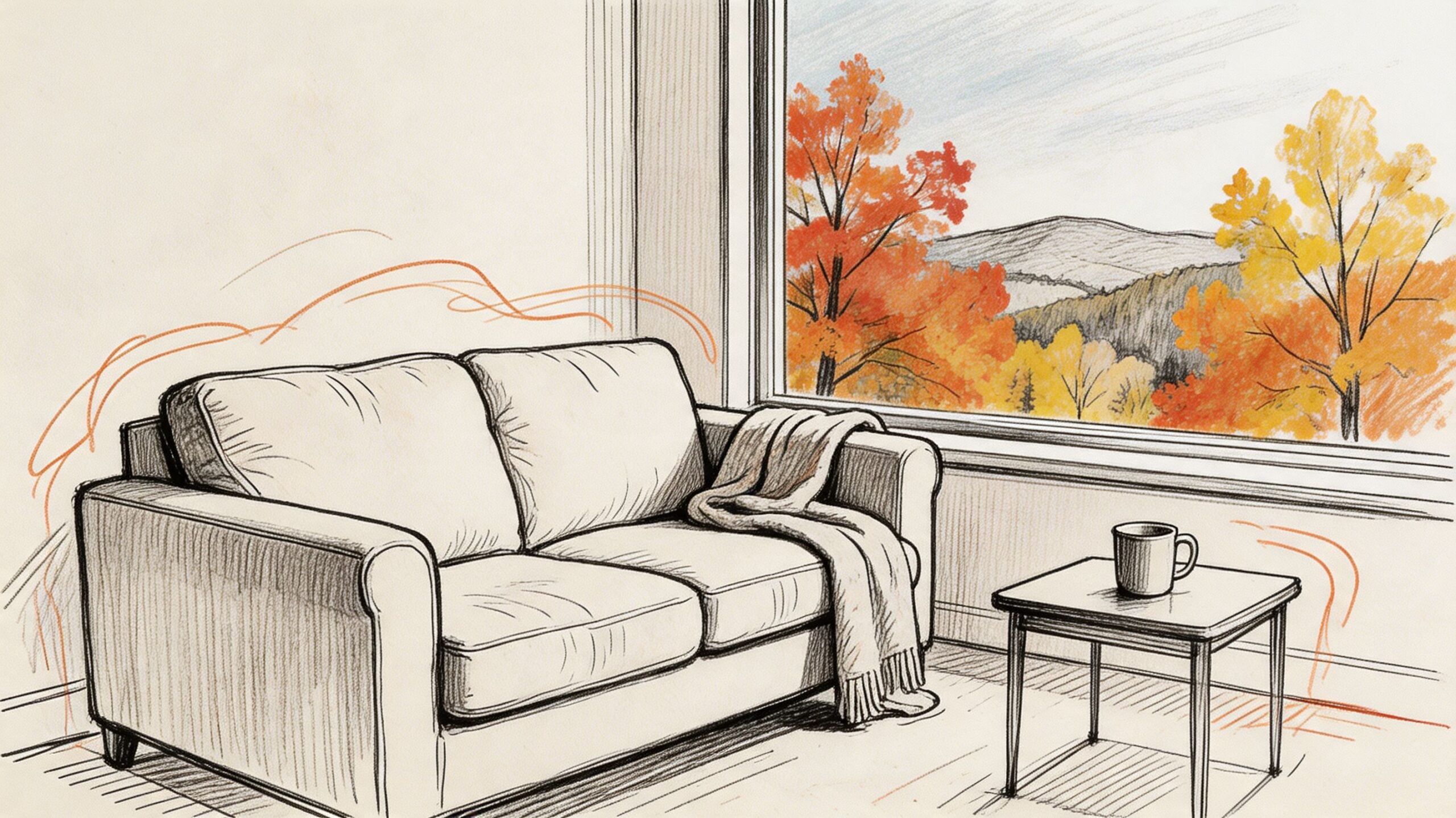 A cozy pencil sketch of a sofa with a throw blanket and a mug by a window.