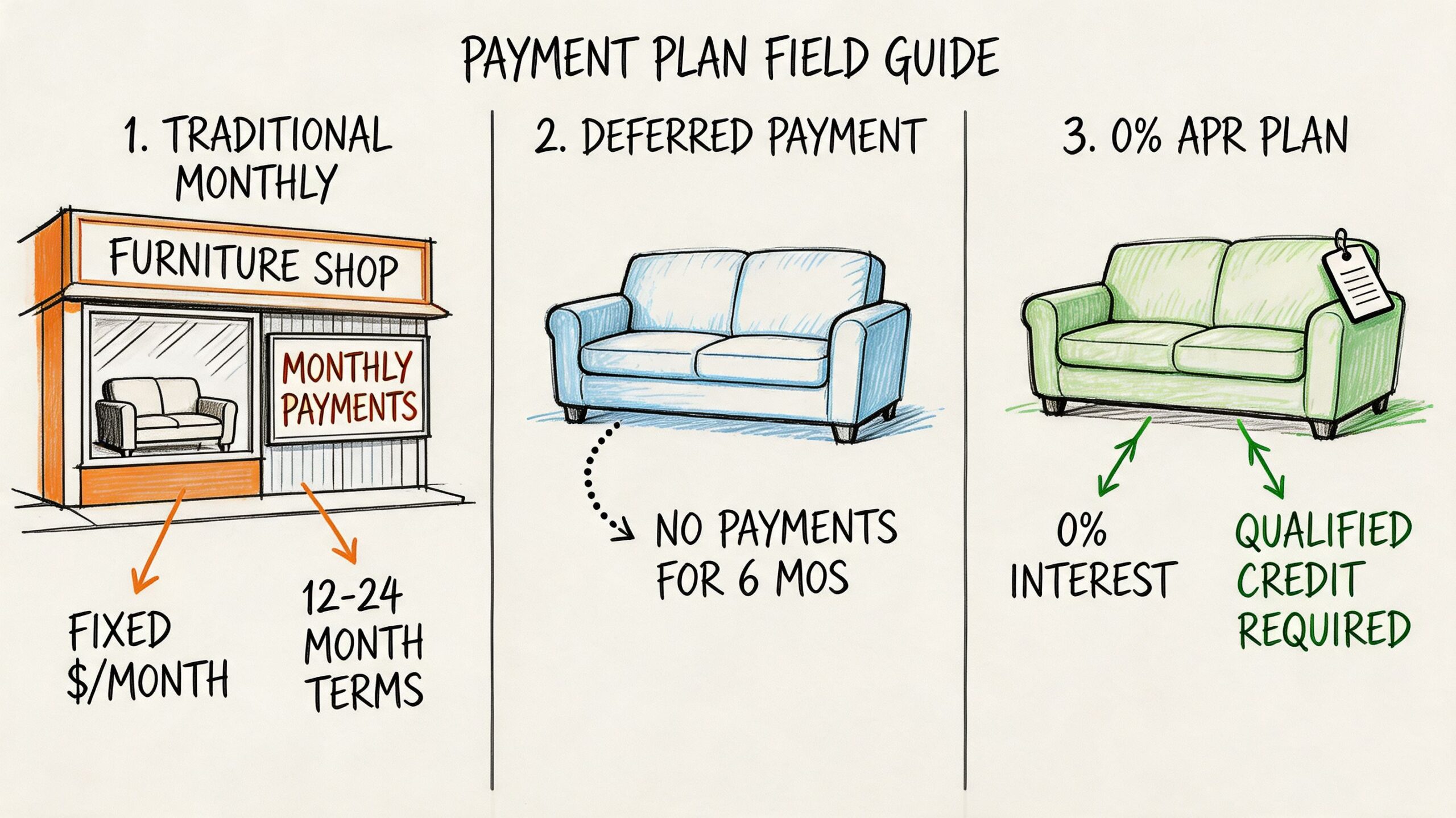 A field guide illustration comparing traditional monthly payment, deferred payment, and zero percent APR furniture financing plans.