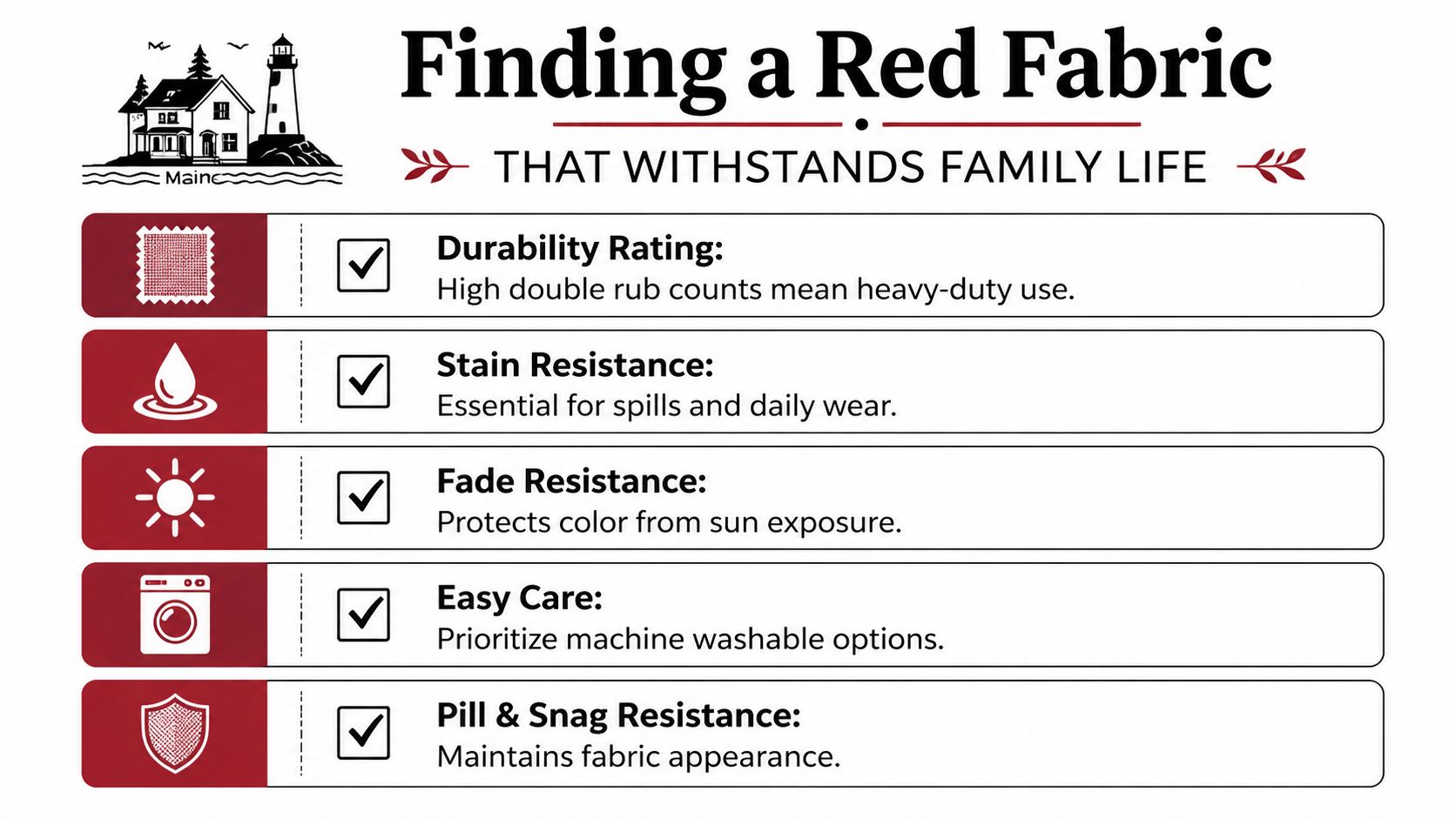 An infographic titled Finding a Red Fabric that withstands family life with five key features for durability.