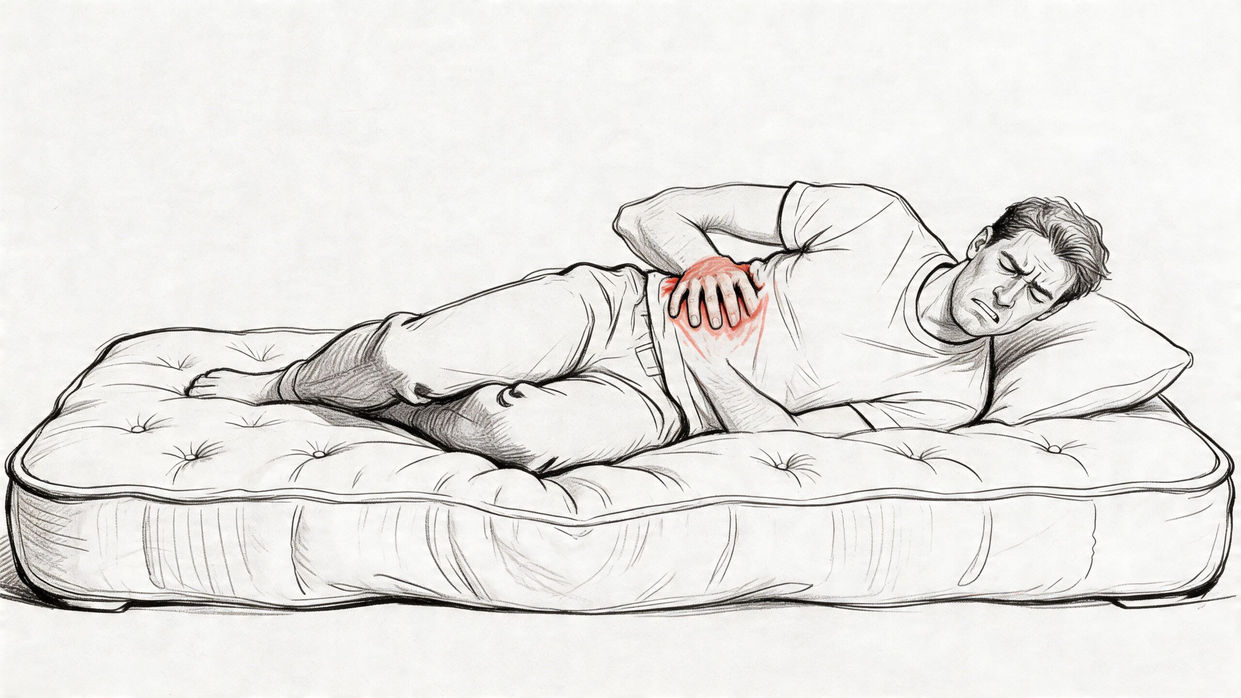 A man lying in bed on a lumpy mattress, holding his back in pain due to discomfort.