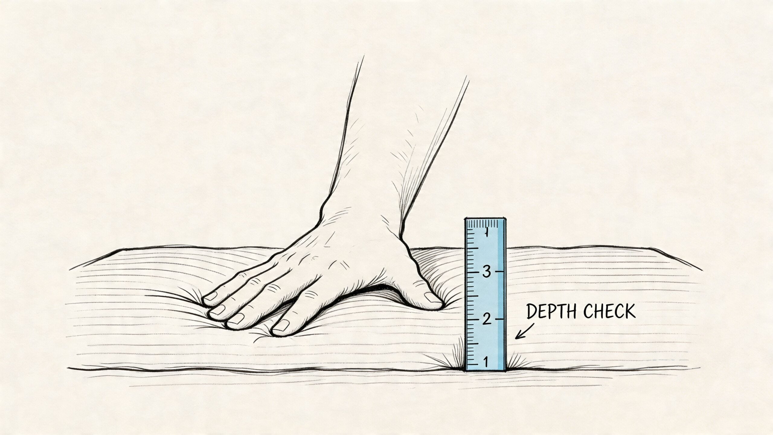 A hand testing a mattress for depth and support using a small ruler for a visual check.