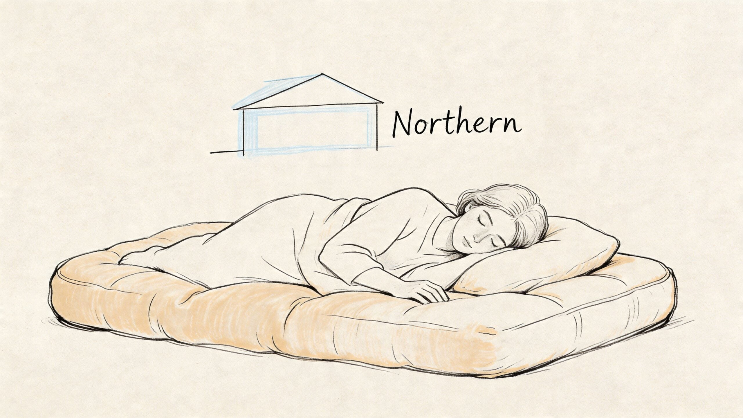 A digital illustration of a woman sleeping peacefully on a comfortable beige mattress at night.