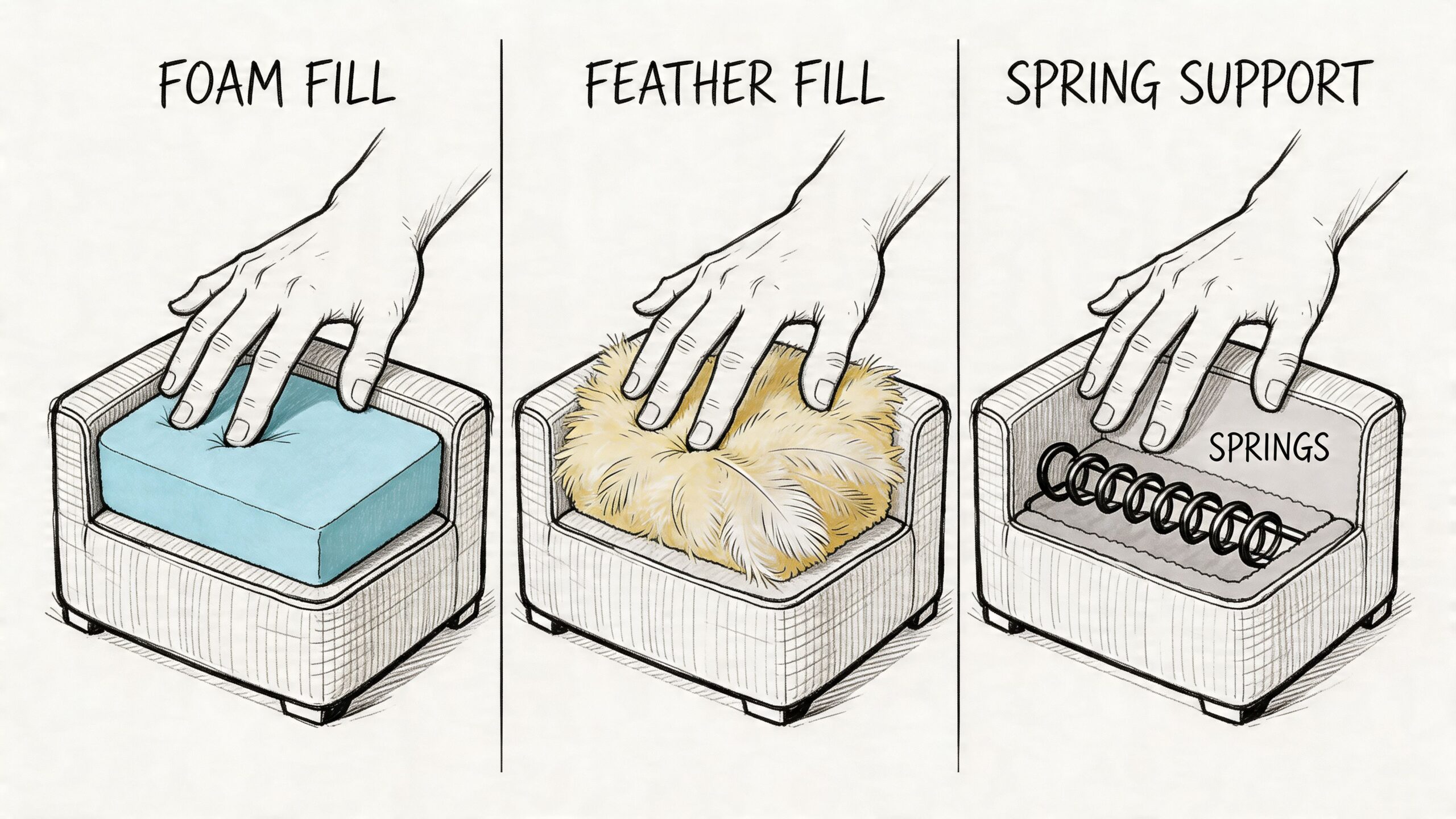 A diagram comparing three types of sofa cushion support: foam fill, feather fill, and spring support systems.