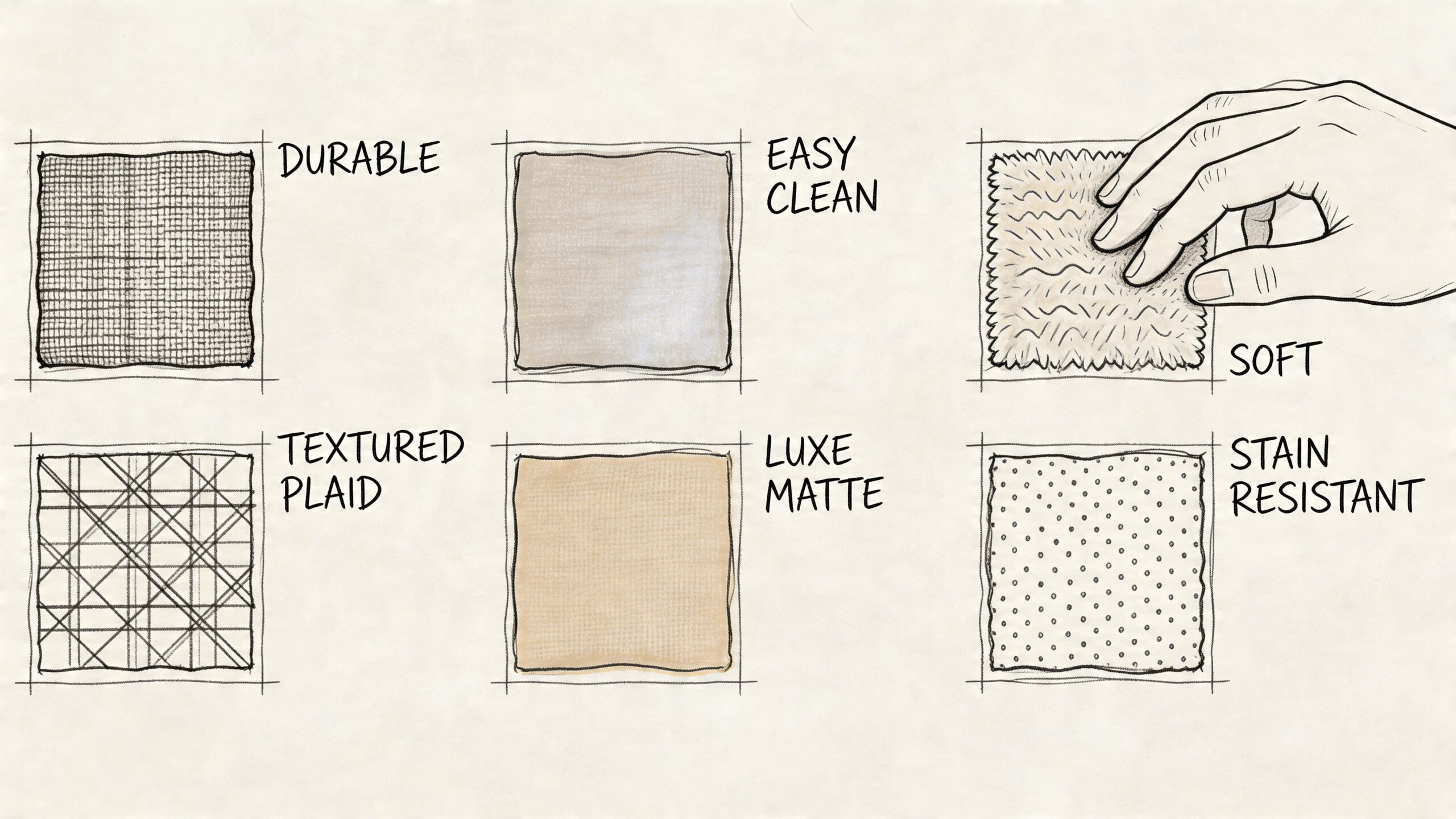 A graphic illustration showing six fabric swatches representing different features like durable, easy clean, soft, textured, and stain resistant.
