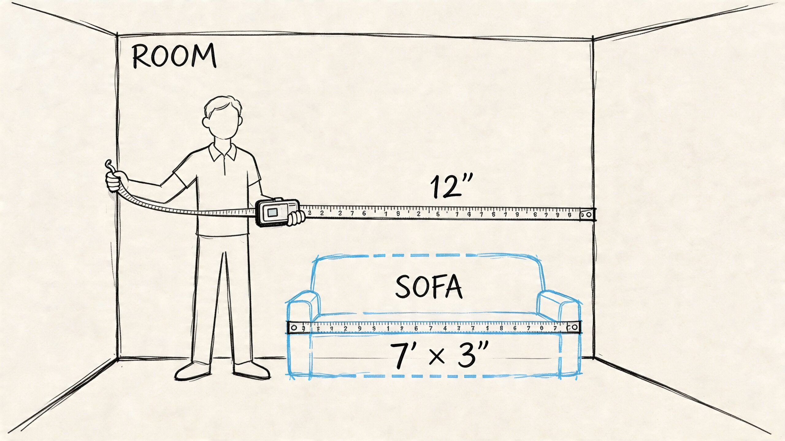 A line art drawing showing a person measuring a wall with a tape measure above a sofa.