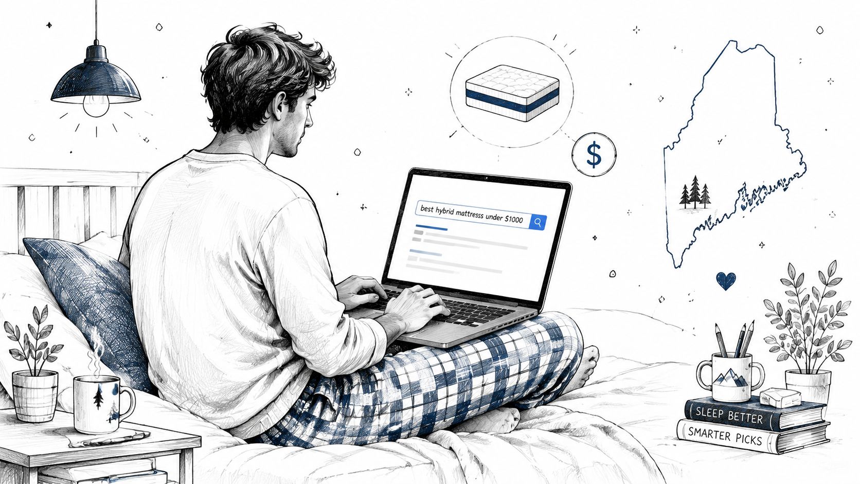A young man sits on his bed using a laptop to search for the best hybrid mattress under 1000.