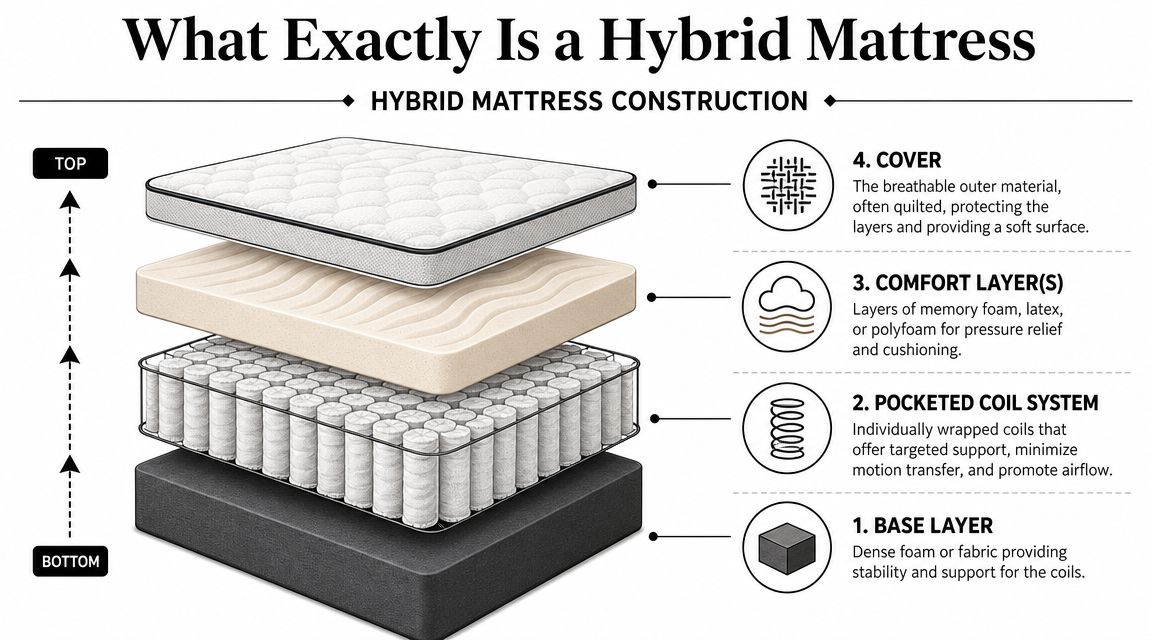 A diagram illustrating the four layered construction layers of a comfortable hybrid mattress from top to bottom.