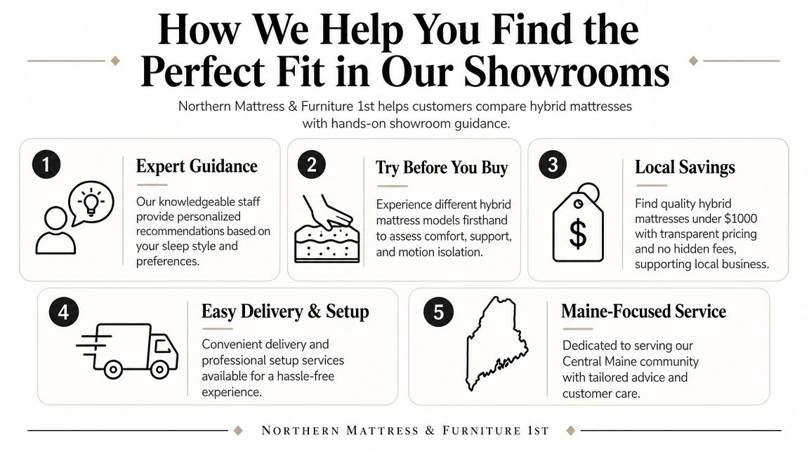 An infographic detailing five ways Northern Mattress & Furniture 1st helps customers select hybrid mattresses.