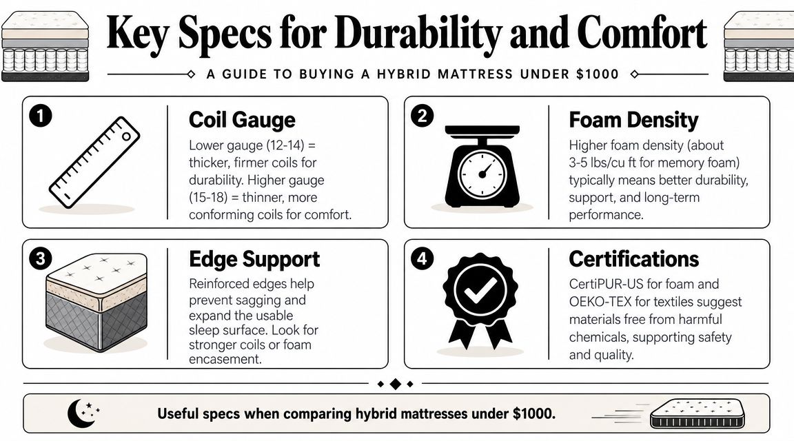 An infographic showing key features to look for when purchasing a hybrid mattress under 1000 dollars.