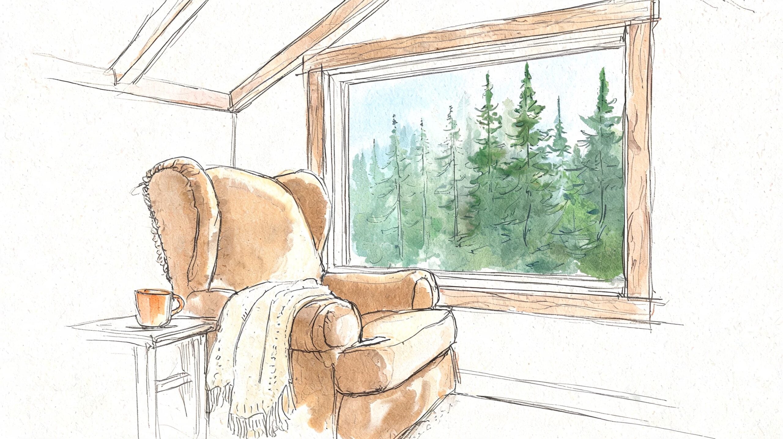 A cozy armchair with a blanket and coffee cup sits by a window overlooking forest trees.